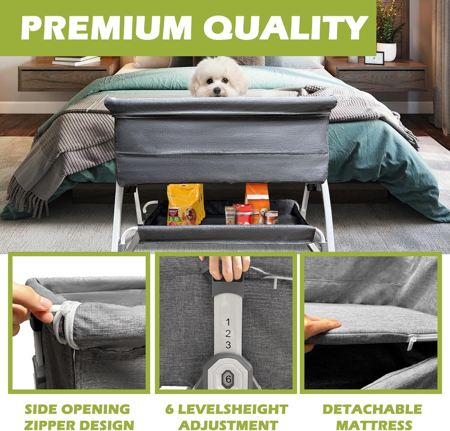 Bedside Cosleeper Dog Bed, Raised Dogs Bed 27''-32'' Adjustable Height, Dog Bed Extension for Human Bed, Bedside Dogs Bed for Small, Medium Dogs(35''L x 20''W)