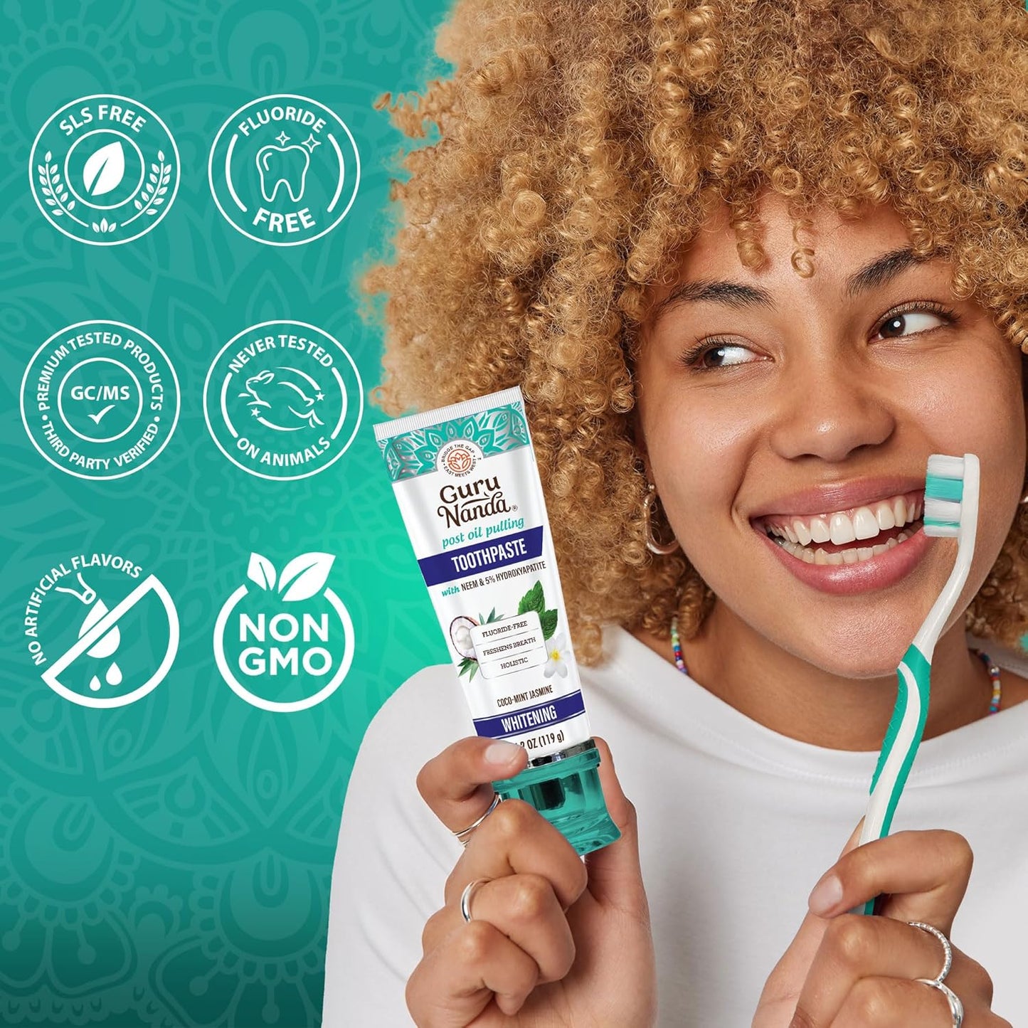GuruNanda Hydroxyapatite Toothpaste, SLS & Fluoride Free, Whitening Toothpaste with Tongue Scraper & Squeezer - Freshens Breath, Fights Plaque - Natural CocoMint Jasmine Neem, 4.2oz