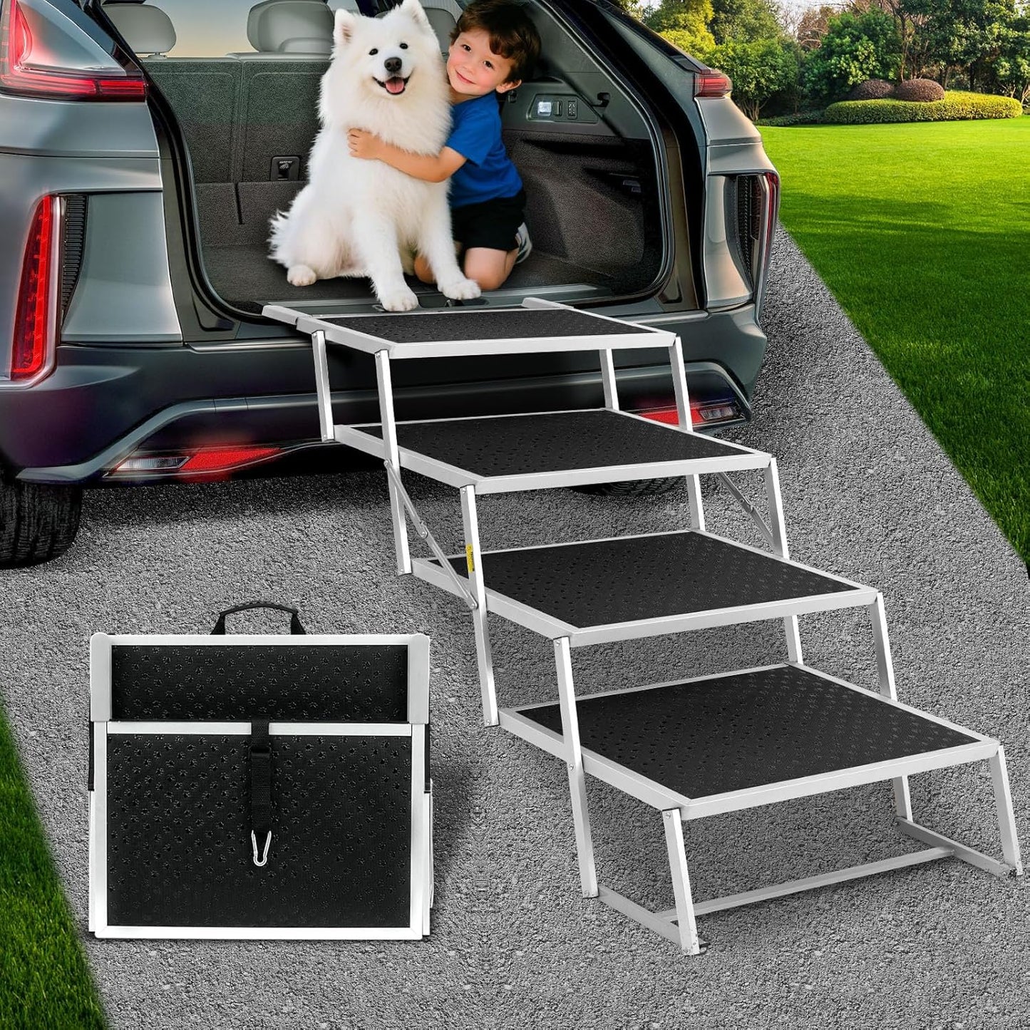 Joyrally Extra Wide Dog Stairs for Large Dogs,Foldable Dog Ramp for Car, Pet Steps Light Weight Aluminum,High Beds,for SUV Trucks, Supports up to 200 lbs (for The Trunk of The Car Only)