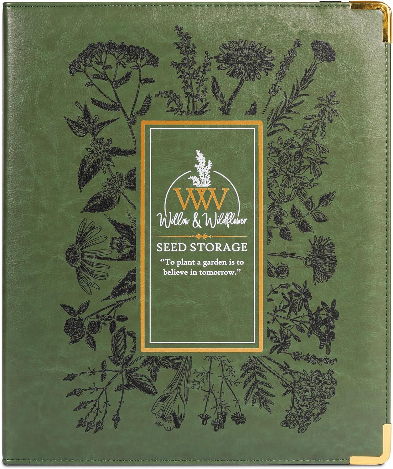 Willow and Wildflower Garden Seed Organizer Binder, Seed Storage Organizer, Garden Binder Book for Packet Storage Catalog Can Store 120 Packets with Dibber and Widger (Moss Green)