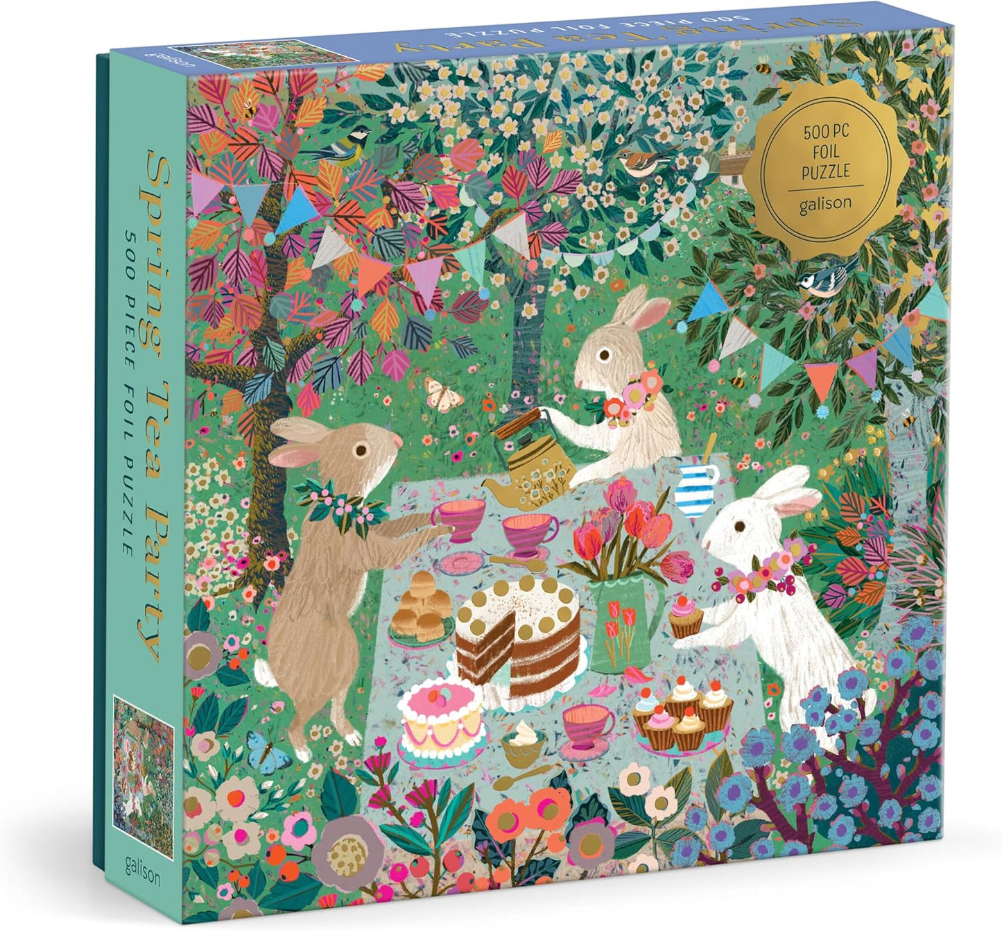 Galison Spring Tea Party – 500 Piece Foil Jigsaw Puzzle Featuring Beautiful Artwork of Rabbits Enjoying A Tea Party