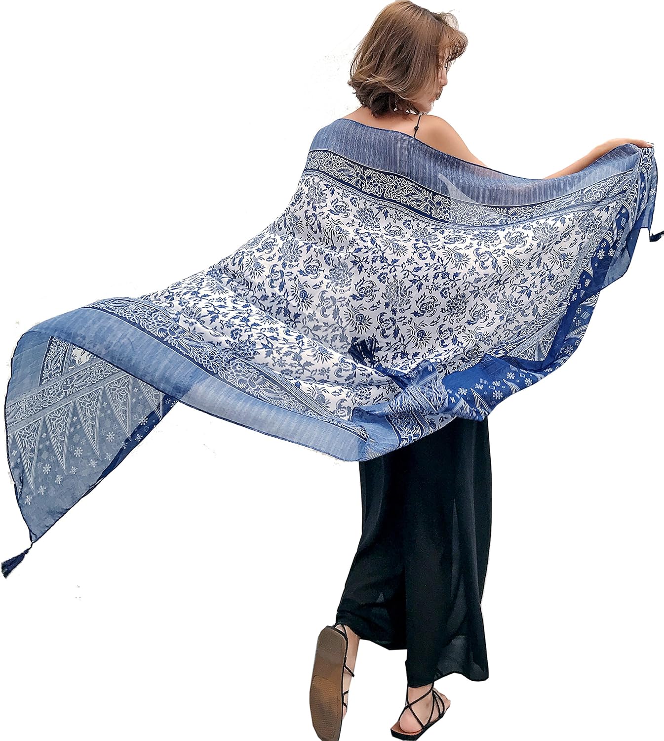 GUZOSJO Women's Boho Cotton Hemp Lightweight Floral Printed Scarf Long Shawl Wrap Scarf Head Shawl for Fall Spring