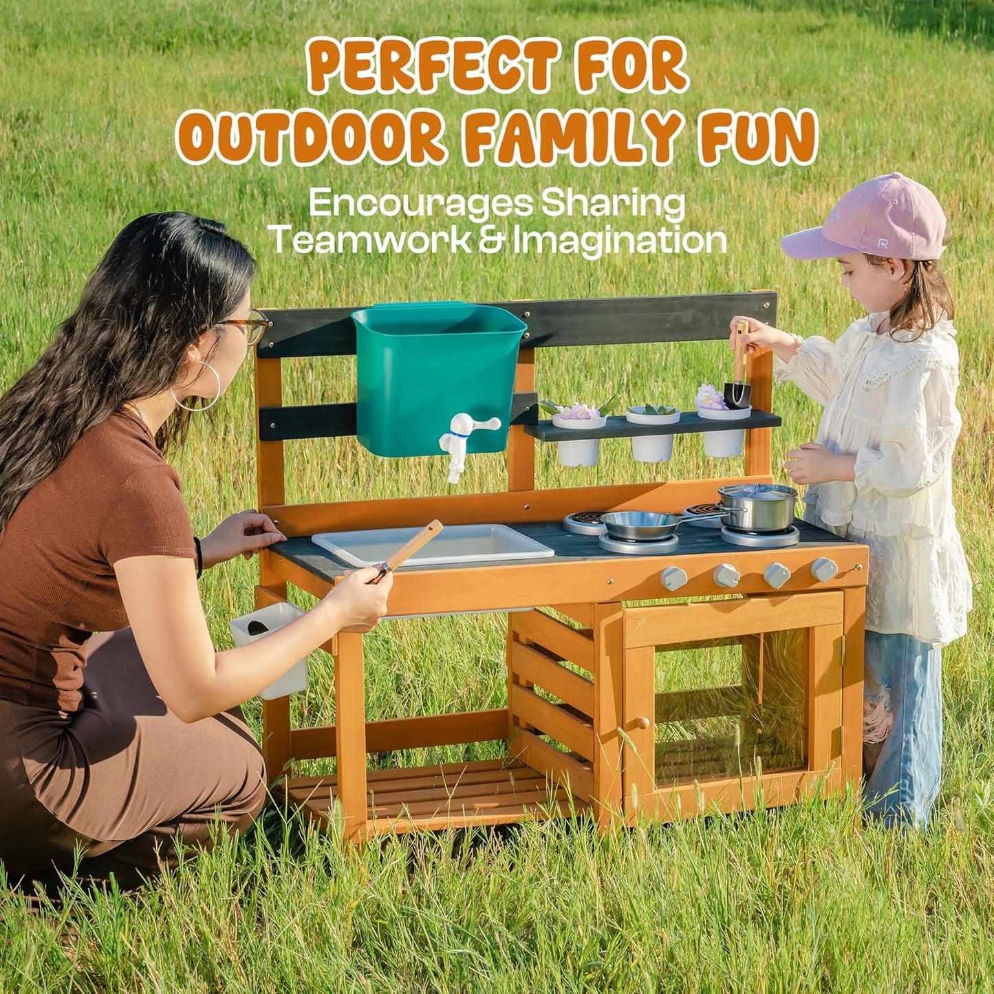 ROBOTIME Mud Kitchen for Kids Outdoor - Wooden Outdoor Play Kitchen Set with Real Water Play, Cooking Pots & Gardening Tools - Sensory Toy Kitchen for Pretend Play Ages 3+