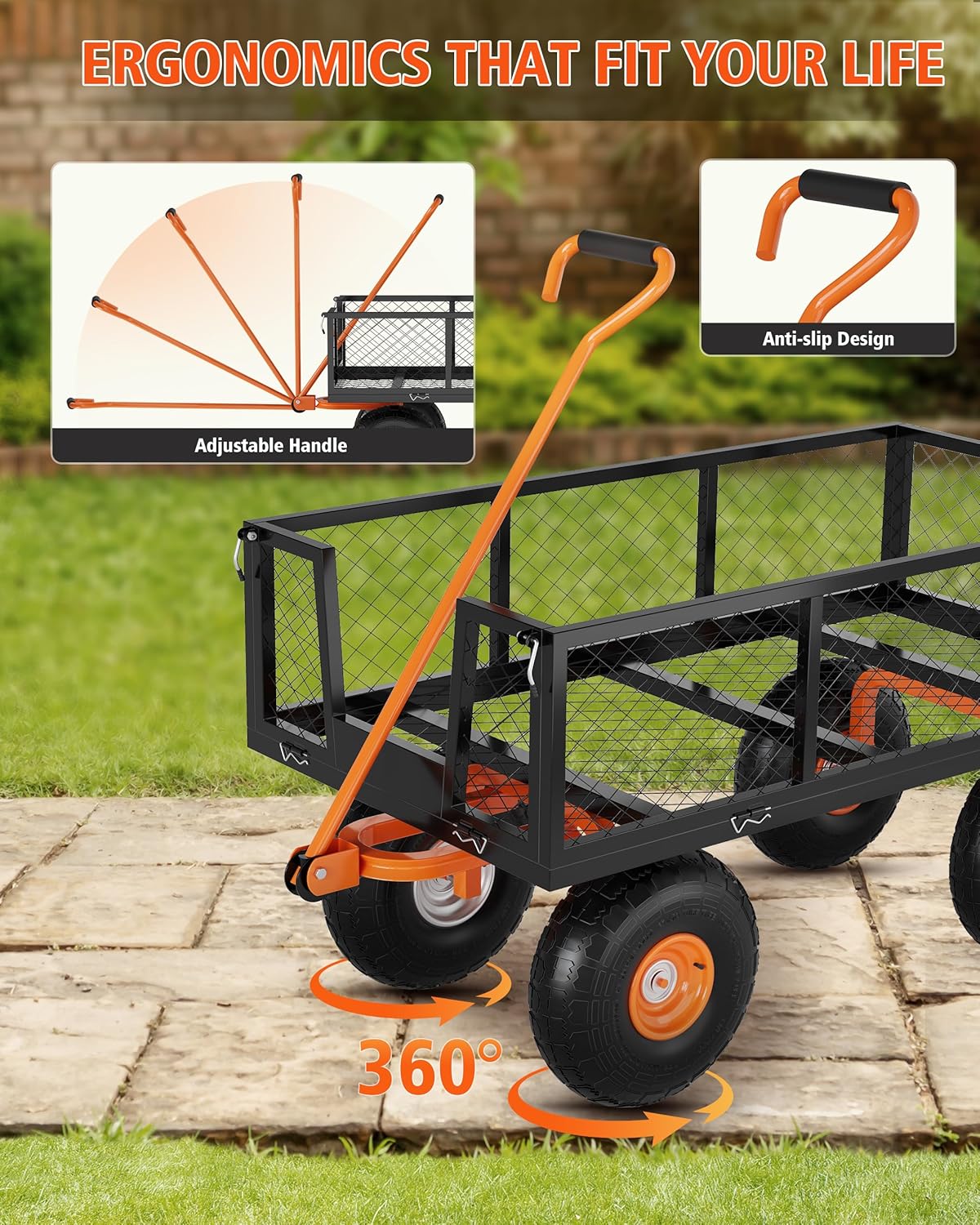GarveeLife Steel Garden Cart Heavy Duty, 500 LBS Capacity Outdoor Utility Cart with 10 in Wheels, 3 in 1 Metal Garden Wagon for Gardening Soil, Tools, and Plant Transport