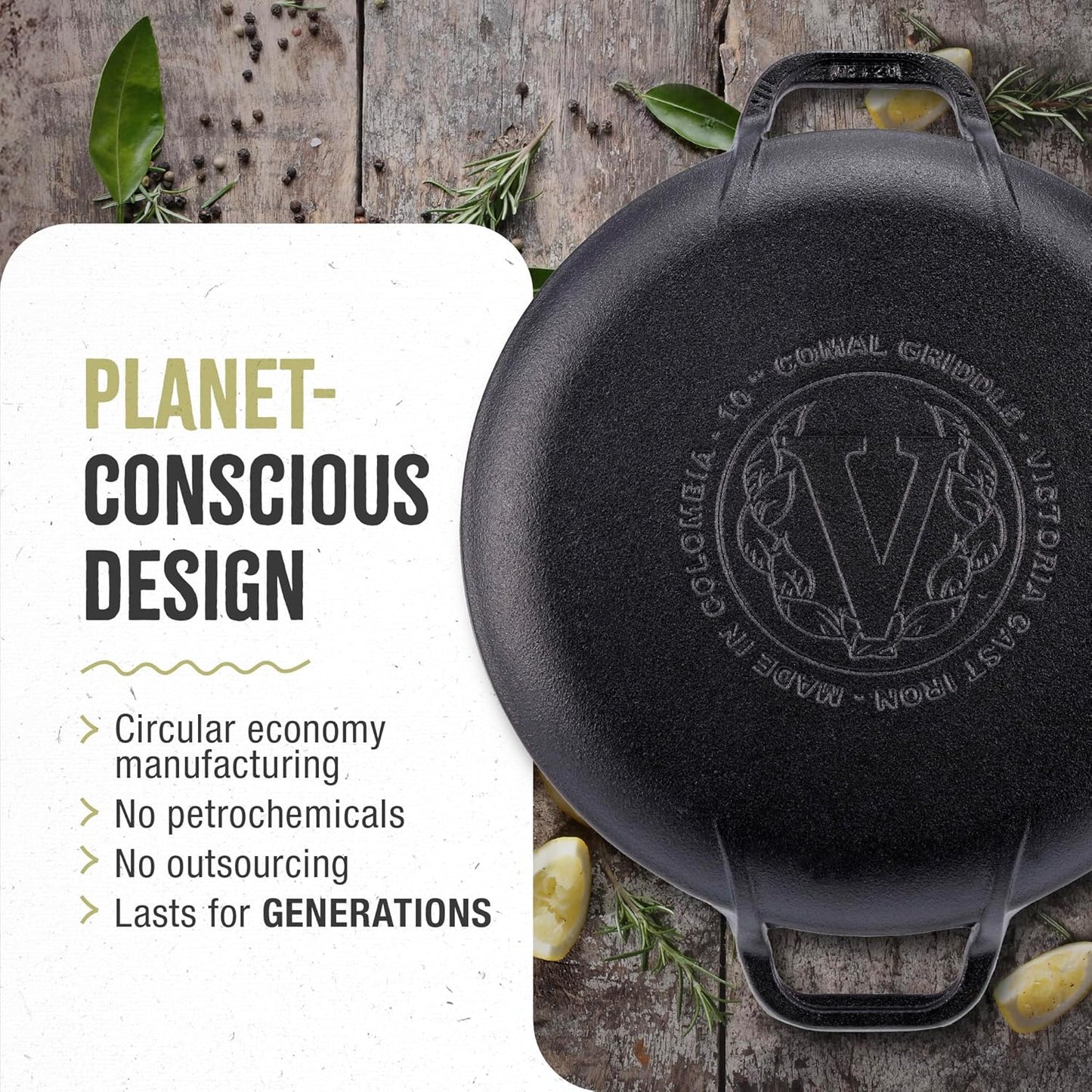 Victoria 10-Inch Cast Iron Comal Pizza Pan with 2 Side Handles, Preseasoned with Flaxseed Oil, Made in Colombia, Black