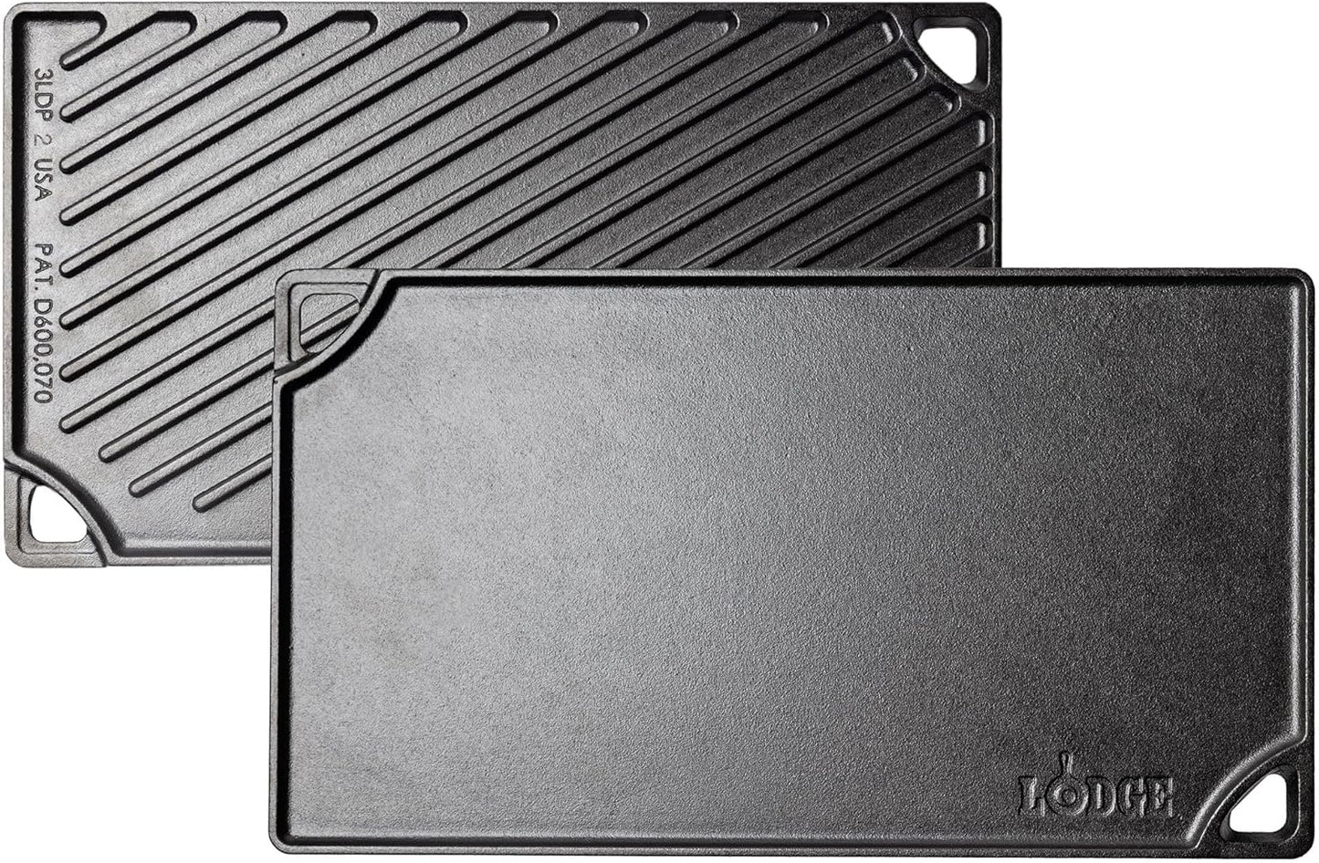 Lodge Double Play Reversible Cast Iron Grill/Griddle - Dual-Sided with Double Burner Configuration for Eggs, Pancakes, Burgers & More - Seasoned, Non-Toxic Cookware - Heavy-Duty Grill Pan - Black