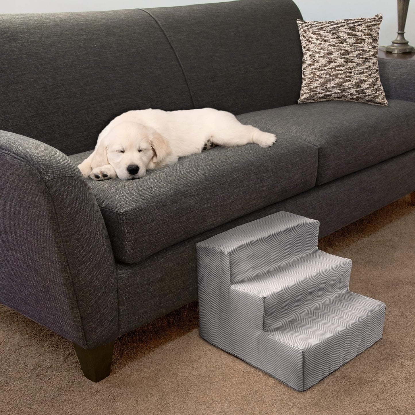 Dog Stairs for Small Dogs - 3-Step Dog Steps for High Bed and Couch - Pet Stairs with Nonslip Bottom, High-Density Foam, and Removable Washable Cover - Cat and Dog Furniture by PETMAKER (Light Gray)