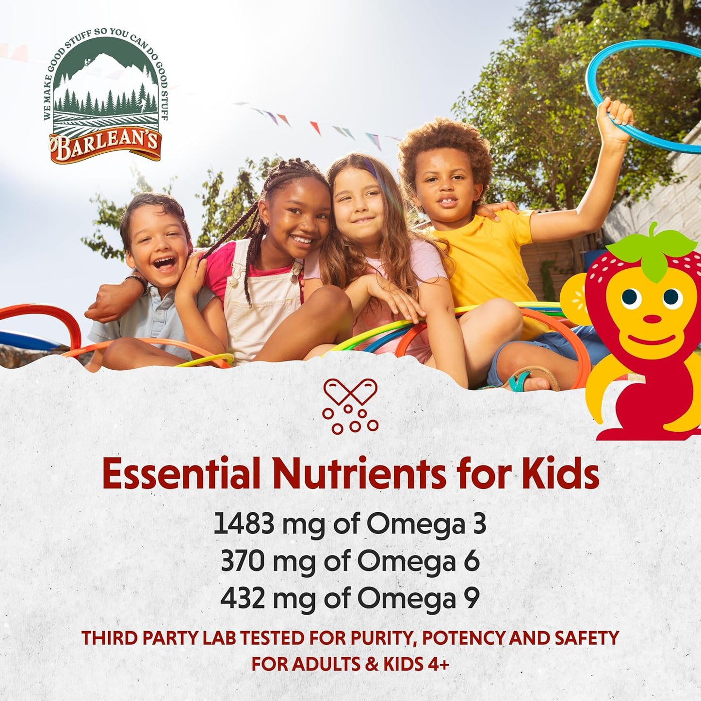 Barlean's Omega Pals Sensational Straw-Nana Flavored Omega-3 for Kids, Yummy Children's Liquid Fish Oil Supplement with 1,483 mg ALA, Non-GMO, Vegan for Brain and Eye Health, 8 oz, 2 Pack