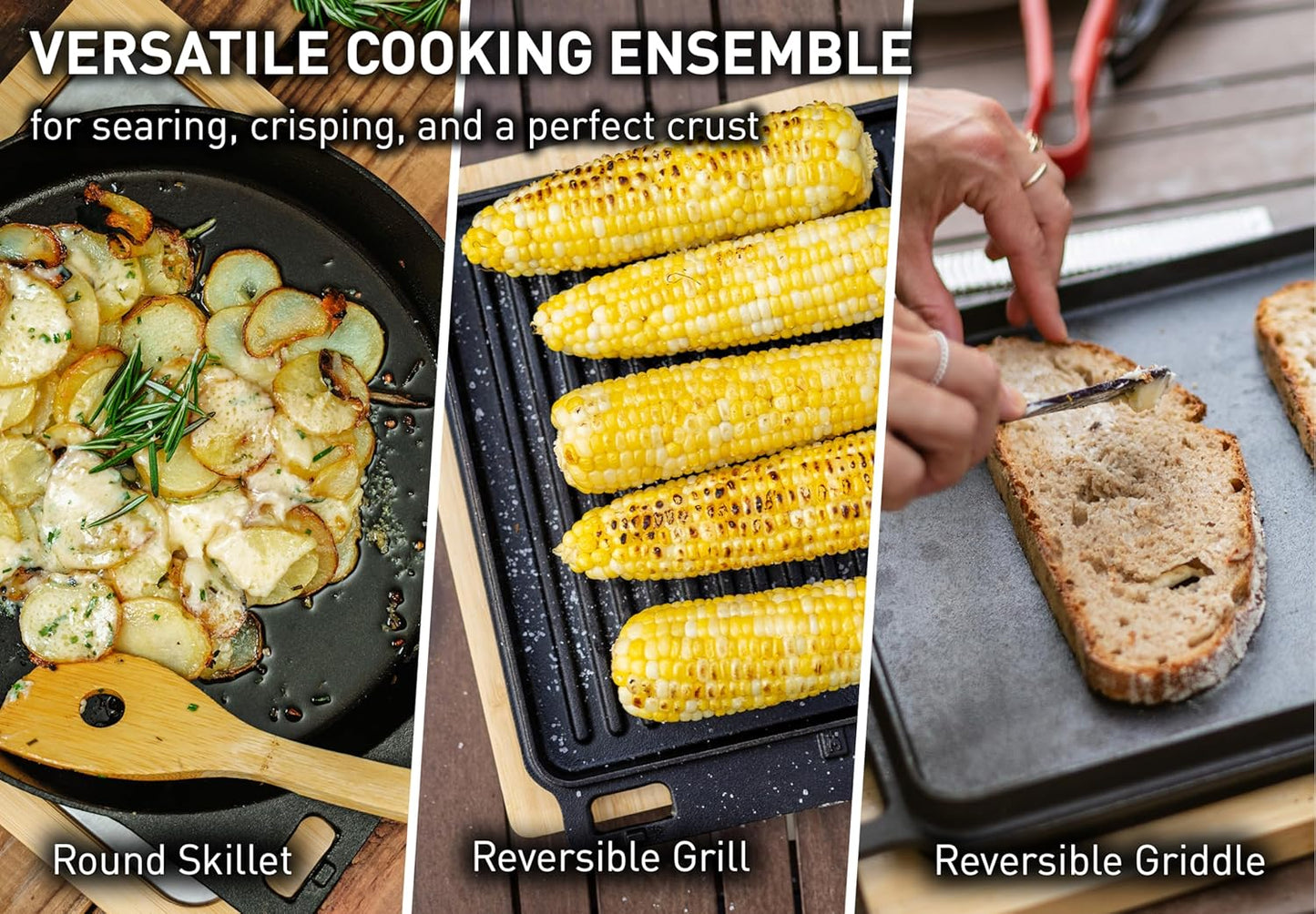 Solo Stove Pi Cast Iron 3-Piece Cookware Set | Incl. Round Skillet (30,5 cm), Reversible Grill/Griddle (29,2 x 33 cm), 2 Removable Handles, Bamboo/Stainless Steel Base for Protection