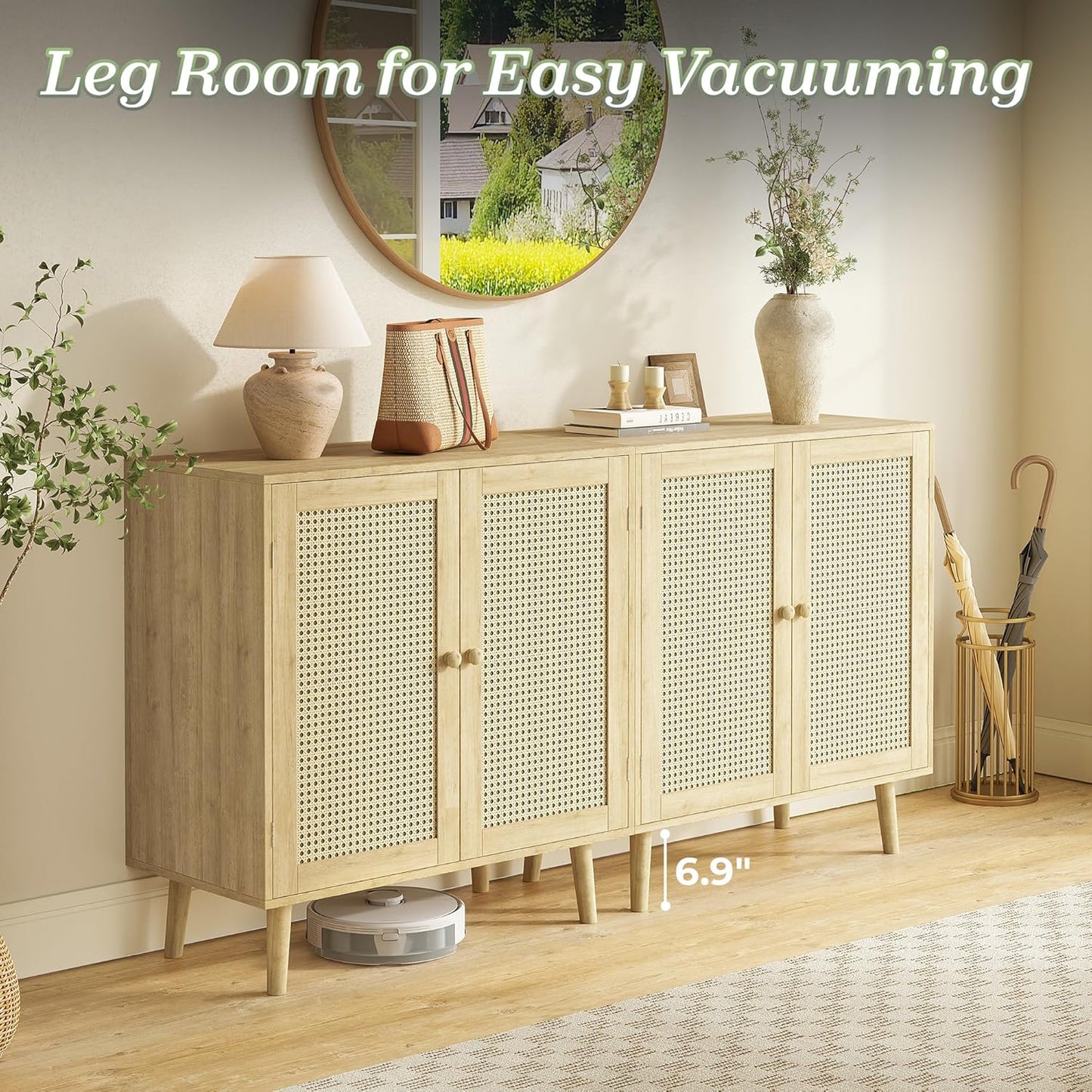 Huuger Buffet Cabinet with Storage, Storage Cabinet with PE Rattan Decor Doors, Accent Sideboard Buffet with Solid Wood Feet, for Hallway, Entry, Living Room, Natural