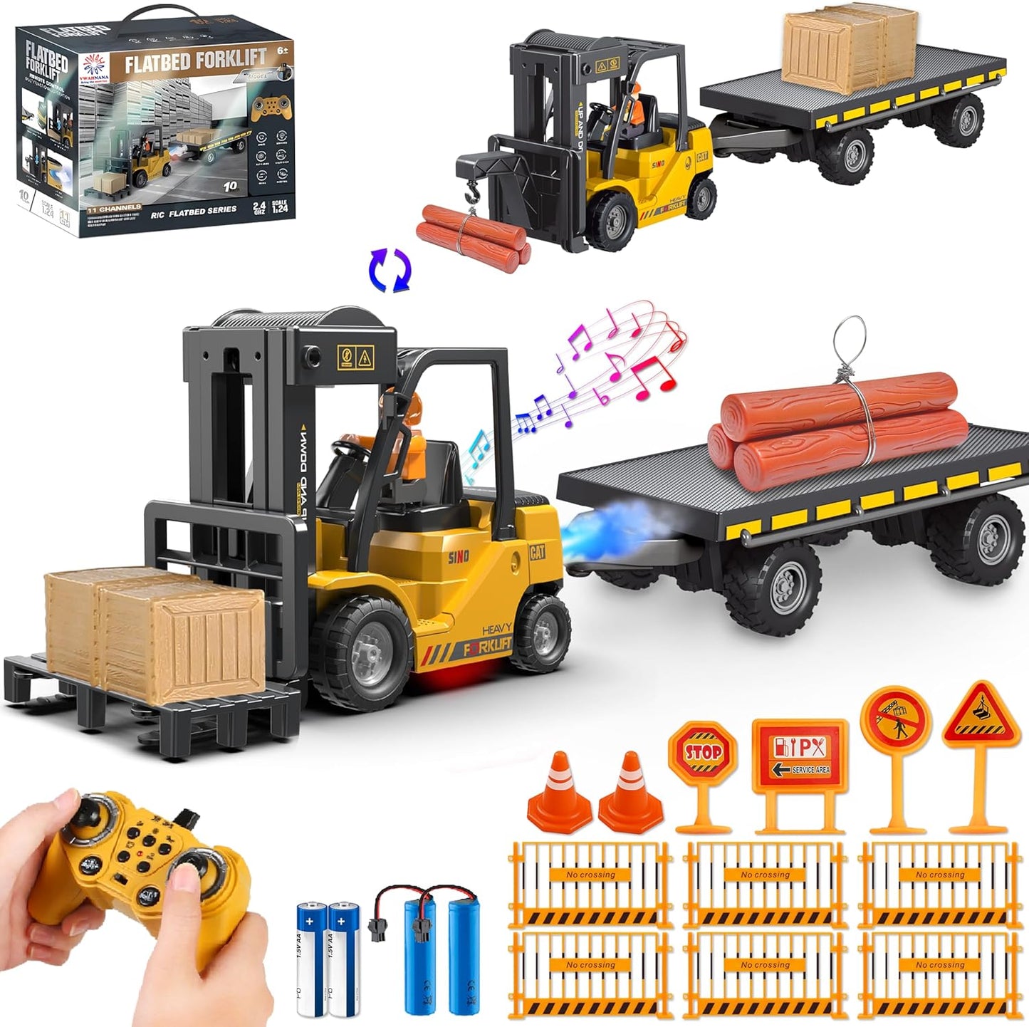 RC Forklift Toy with Trailer, 3 in 1 Remote Control forklift with Transform Lift Fork & Hook, 11 Channel RC Construction Toys with 2 Battery,Spray,Light, RC Forklift for Adults Kids Boys Gift