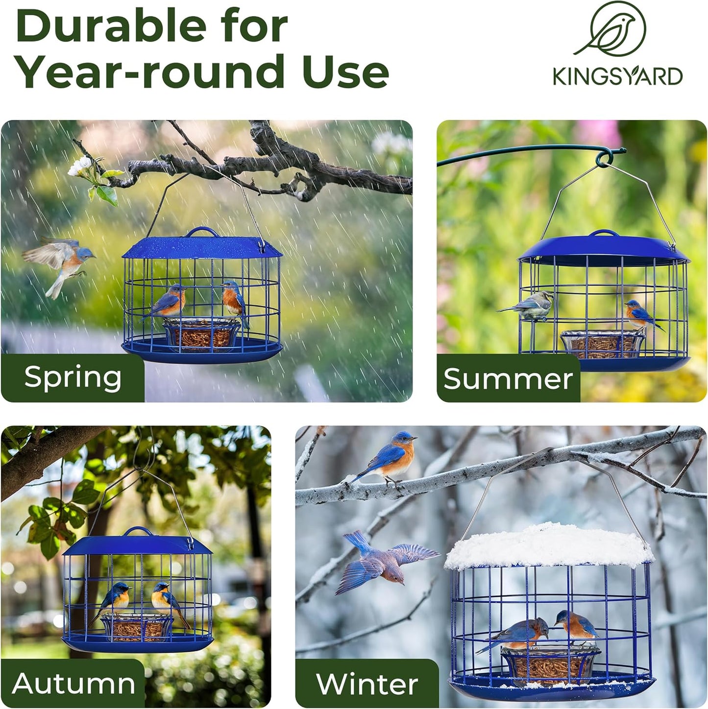 Kingsyard Bluebird Feeders for Outdoors Hanging, All Metal, Cage Mealworm Bird Feeder with Tray, Squirrel Proof & Weatherproof, Easy to Refill & Clean (Blue)