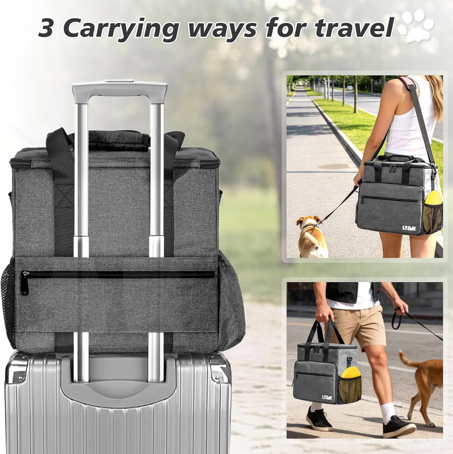 Dog Travel Bag, Large Pet Travel Set with Multi-Function Pockets, 2 Food Storage Containers, 2 Collapsible Bowls, 1 Feeding Mat for Pet Supplies, Road Trip Essentials, Weekend Camping (Black)