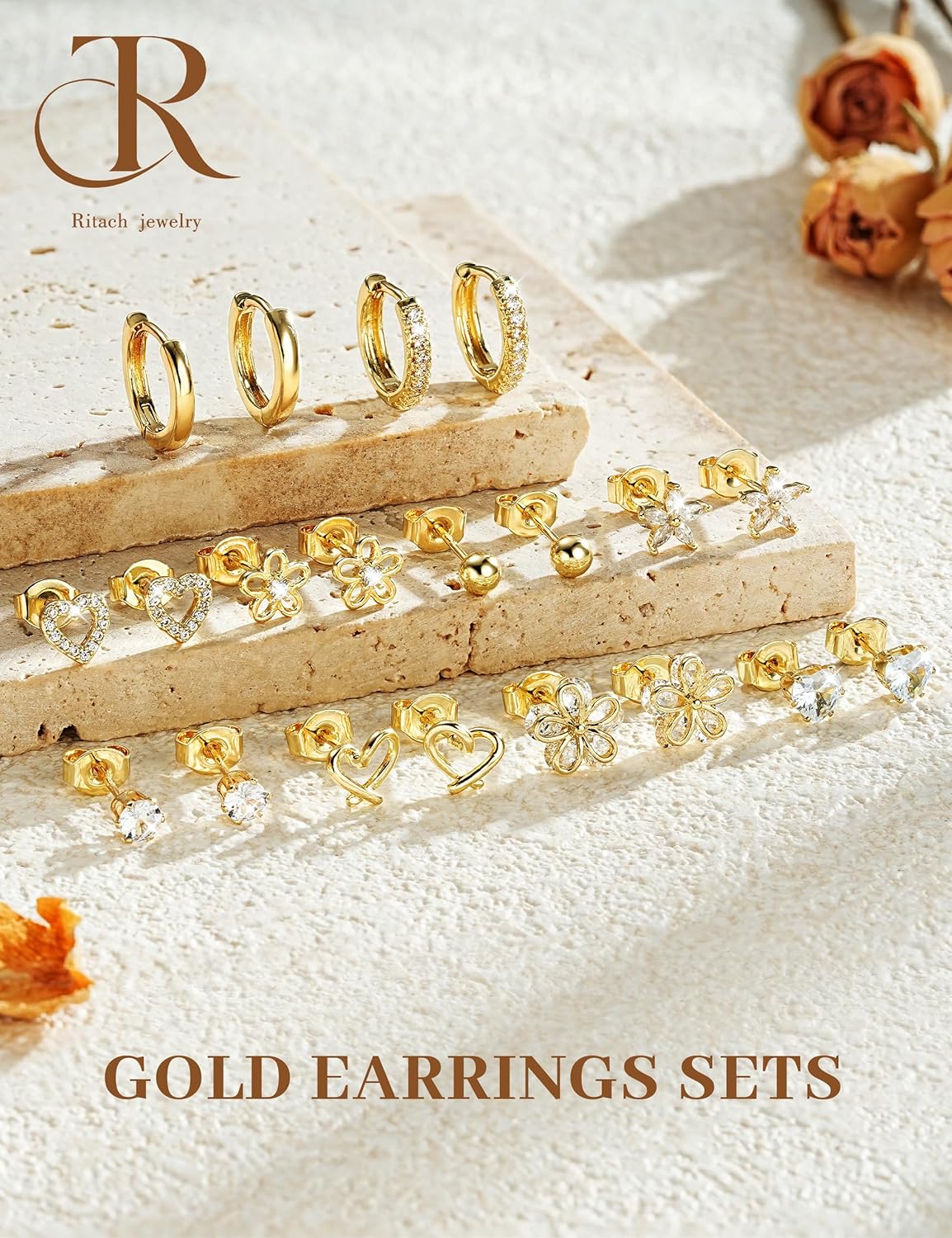 Small Gold Stud Earrings Set for Women - 14K Gold Plated CZ Huggie Hoops Hypoallergenic Earrings Dainty Flower Heart Stud Earrings for Jewelry Gift