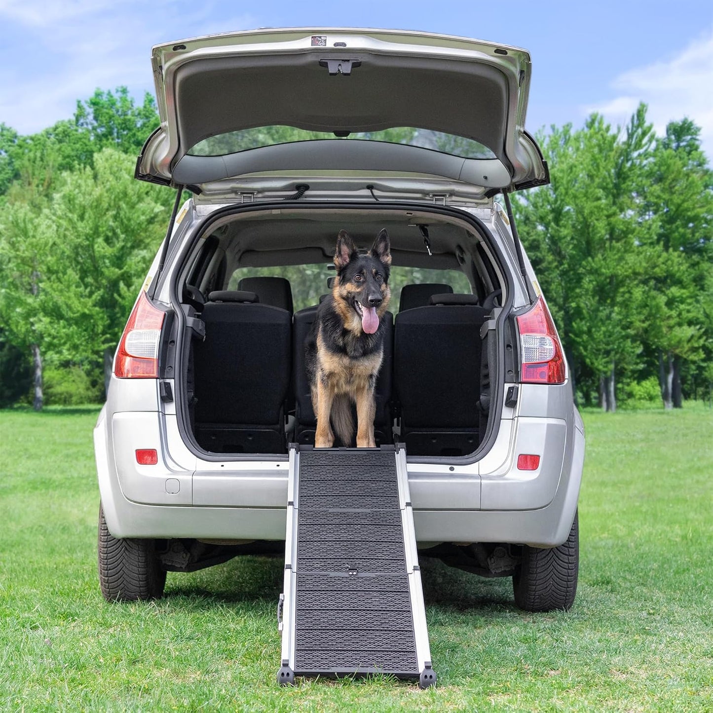 Dog Ramp for Car - Stable Anti-Slip Dog Car Ramp for Large Dogs - 63" Long & 15" Wide - 250LBS Capacity - Telescoping Pet Ramp - Lightweight - Reflective Sides - Fixing Clip - Shadow Gray