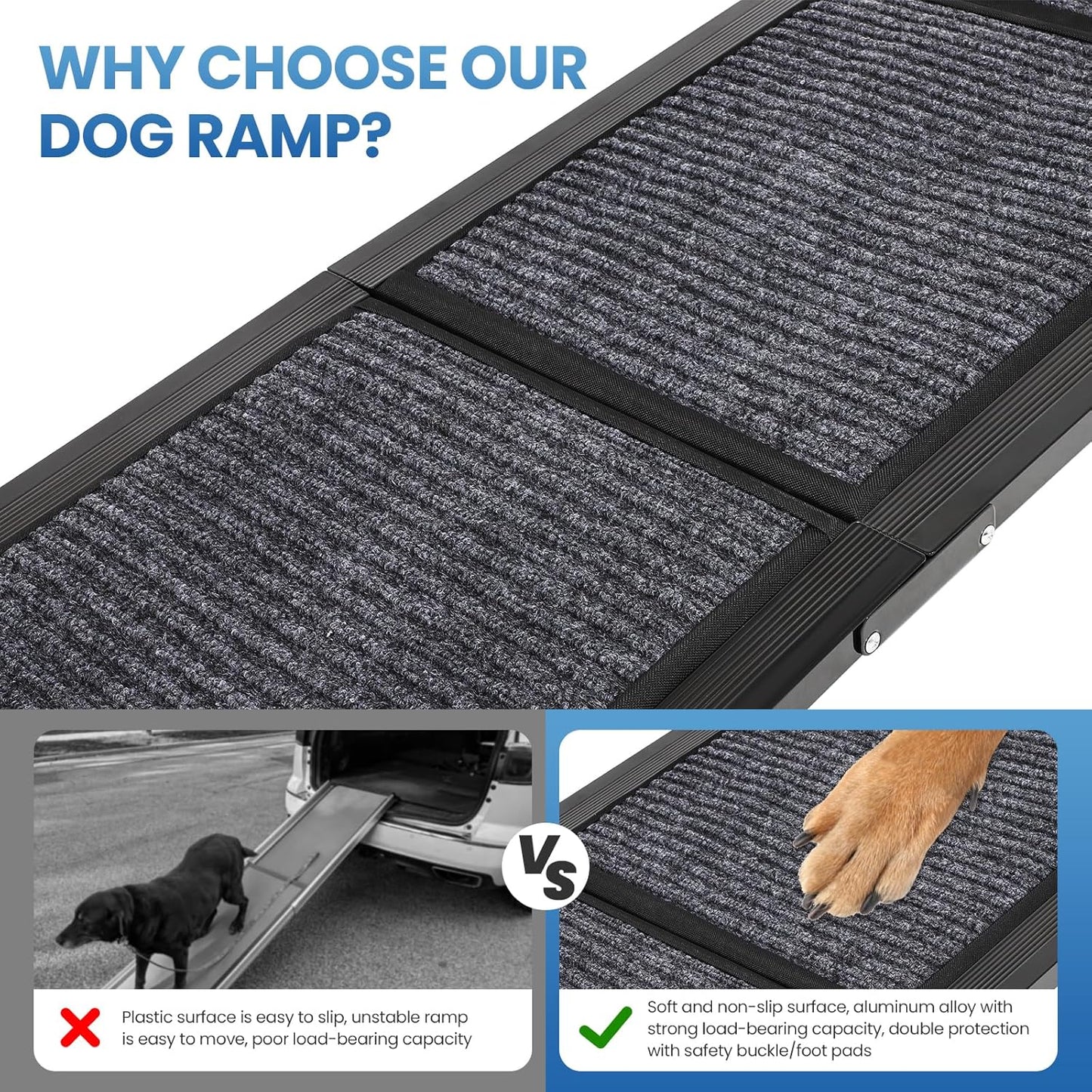 Dollate 63" Long Dog Ramp for Car,17" Wide Foldable Dog Ramps for Large Pet with Non-Slip Rug Surface,Up to 250 LBS for Car, SUV & Truck-L