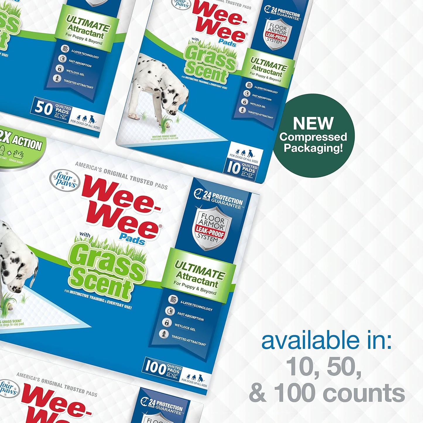 Four Paws Wee-Wee Ultimate Attractant Dog Pee Pads for Instinctive Training, Leak-Proof Floor Protection Dog & Puppy Quilted Potty Training Pads, Grass Scent, 22" x 23" (50 Count)