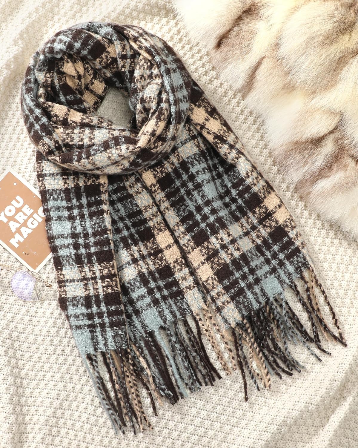 DOFOWORK Winter Scarf for Women - Womens Scarves for Cold Weather, Plaid Soft Tassel Wrap Blanket Scarf, 78.7"x24.8"
