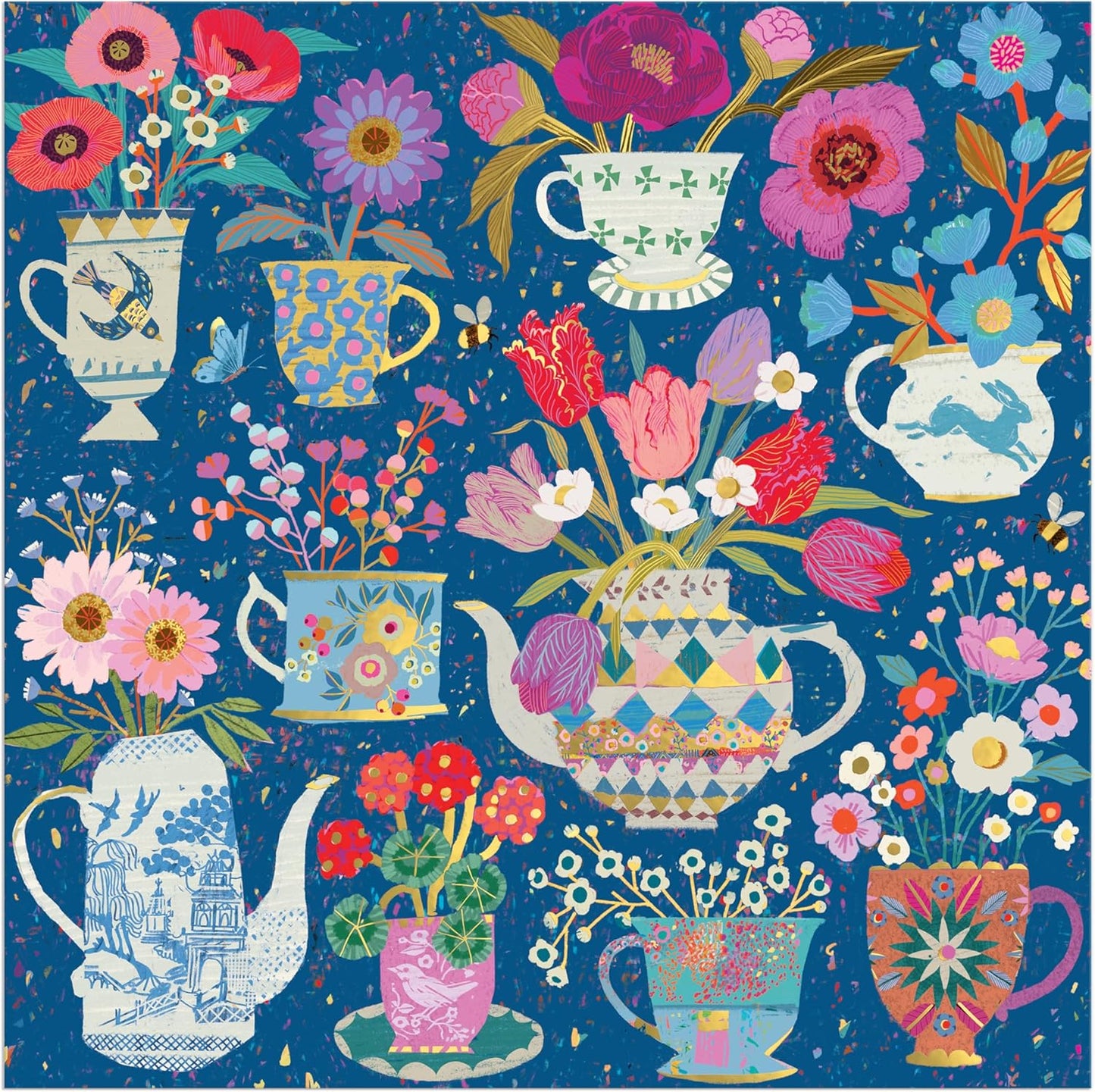 Galison Potted Teacups – 500 Piece Foil Jigsaw Puzzle Featuring Beautiful Artwork of Potted Teacups with Floral Background