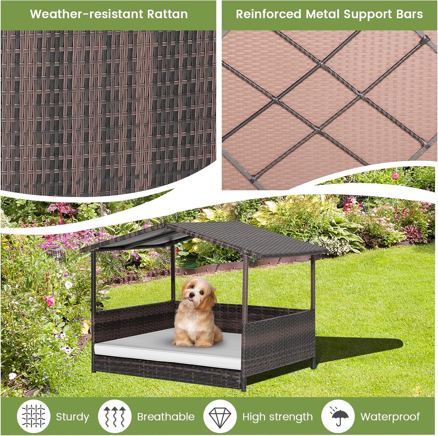 Tangkula Wicker Dog House, Indoor Outdoor Raised Rattan Dog Bed w/Removable Cushion, Washable Cover, Weatherproof Roof, Rattan Puppy Shelter w/Elevated Floor for Small Medium Dogs (White)