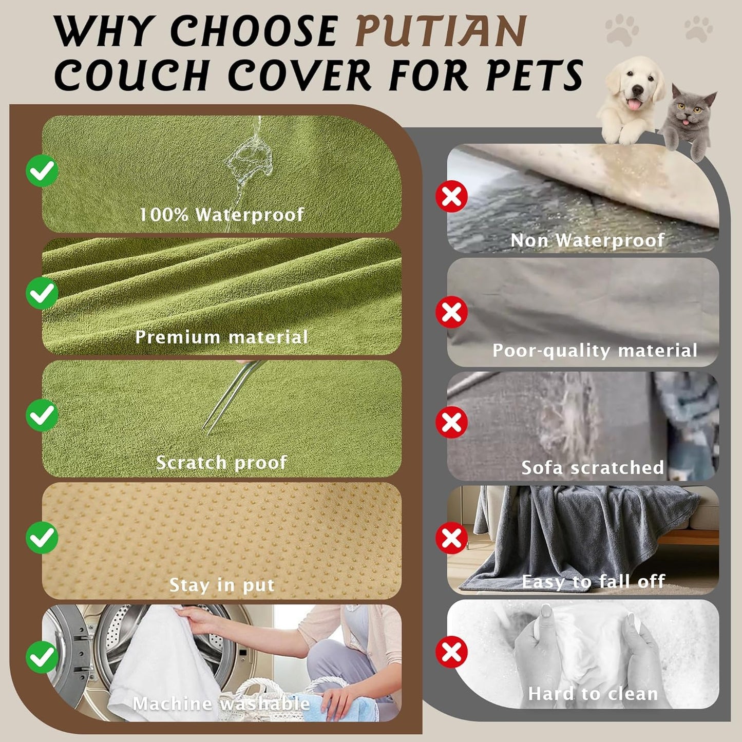 PuTian 100% Waterproof Couch Cover for Dogs - Anti-Scratch Washable Non Slip 2 Cushion Cover Blanket for L Shaped Sectional Recliner Sofa Slipcover for Pet Cats Kids, 71X134 in Boho Green-Waterproof