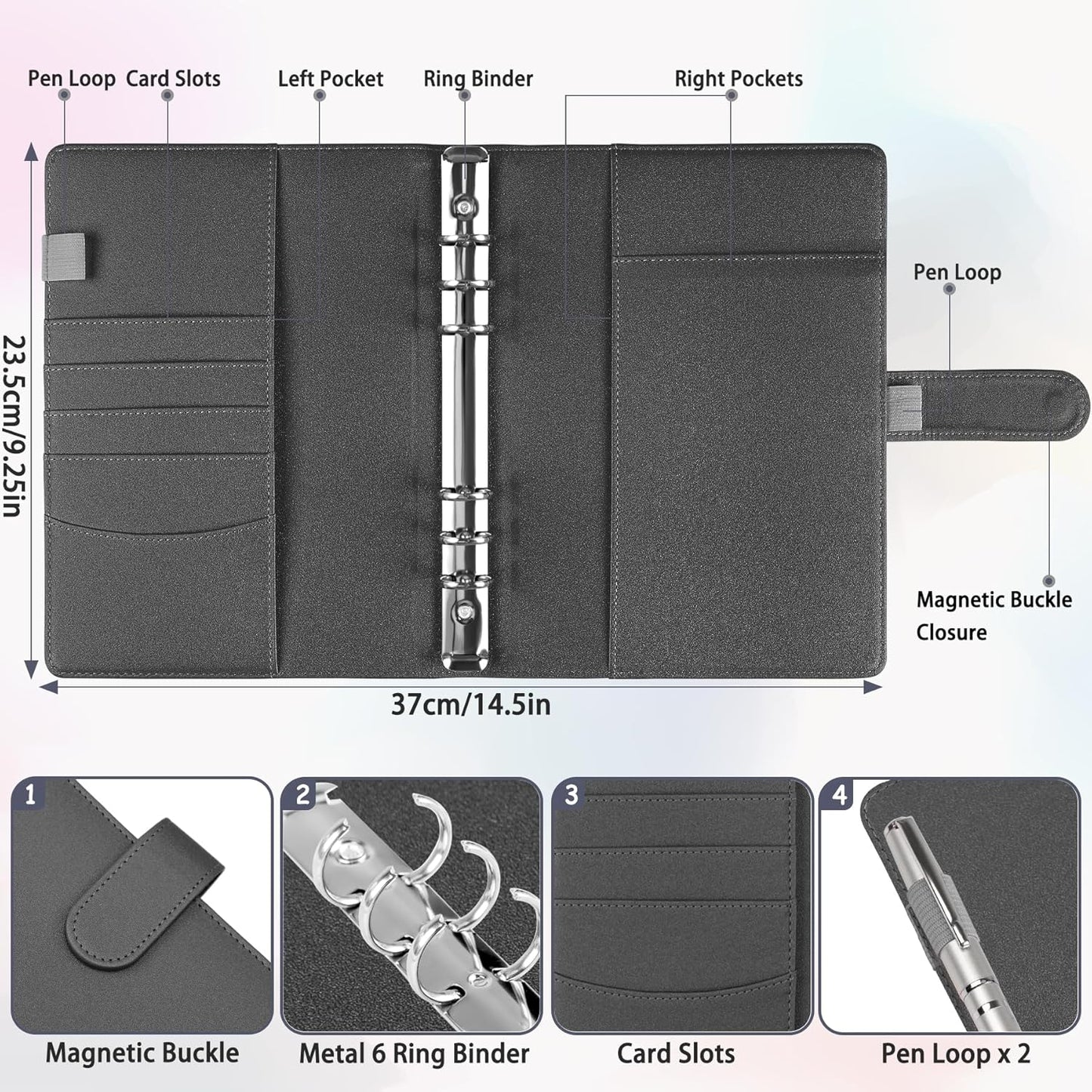 Antner A5 Binder 6 Ring Refillable Notebook Budget Planner Cover for Cash Organizer, PU Leather Loose Leaf Photocard Holder Aesthetic Binder with Magnetic Buckle for A5 Planner Inserts, Glitter Black