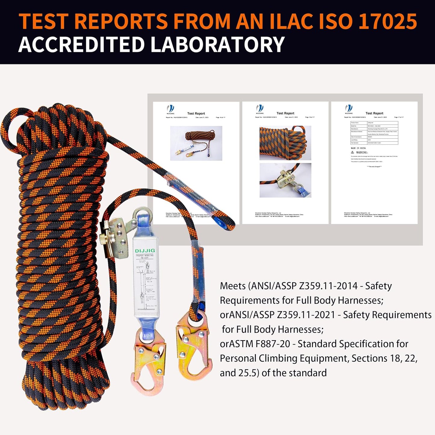 Rope Harness Safety Lanyard 100ft Vertical Roofing Rope With Grab Snap Hooks Shock Absorber Fall Protection Tree Climbing Line Kit Heavy Duty Roof Safety Equipment ANSI CE