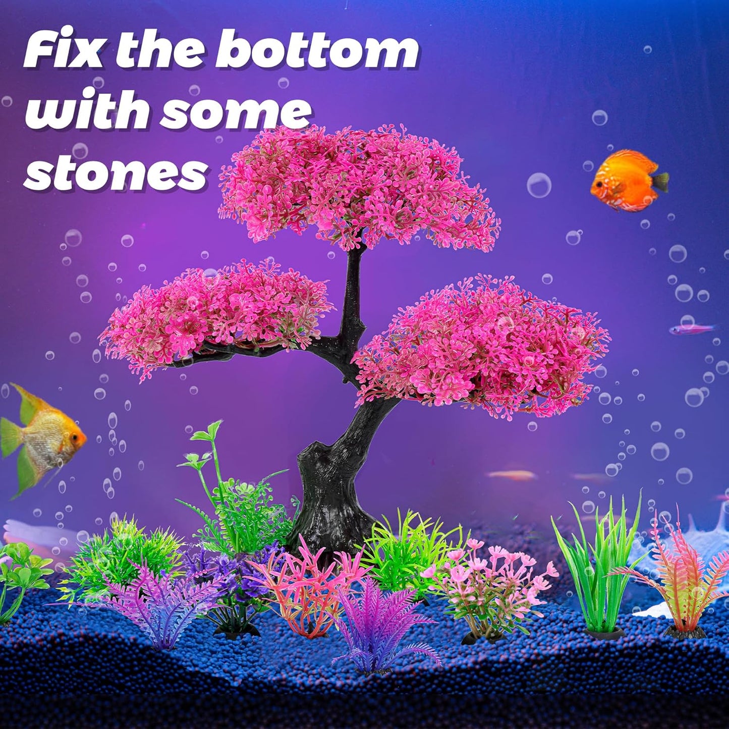 Ameliade Aquarium Artificial Plastic Plants Decoration, Pink Cherry Blossom Tree Aquarium Decor Set, Goldfish Betta Fish Tank Decorations Hides Accessories（Pink