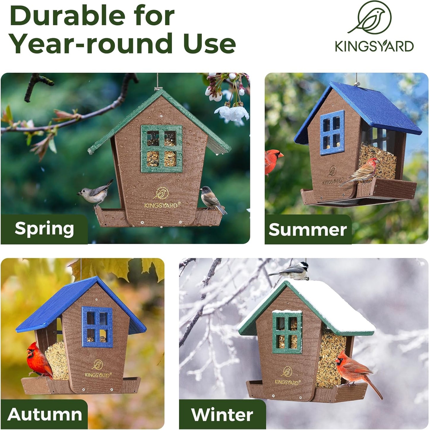 Kingsyard 4 lbs Large Bird Feeder House for Outdoors Hanging, Recycled Plastic Bird Feeder Hopper with Weatherproof Roof & Capacity Tray for Cardinal Bluebird, Garden Yard Outside Decor, Green
