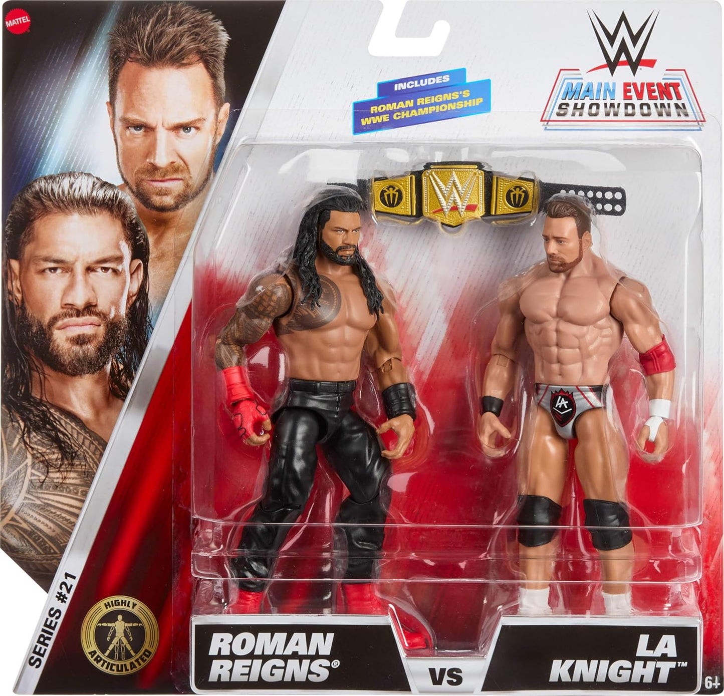 Mattel WWE Main Event Showdown Action Figures 2-Pack with Accessory, Series #21 Roman Reigns vs LA Knight Collectible Set, 6-inch
