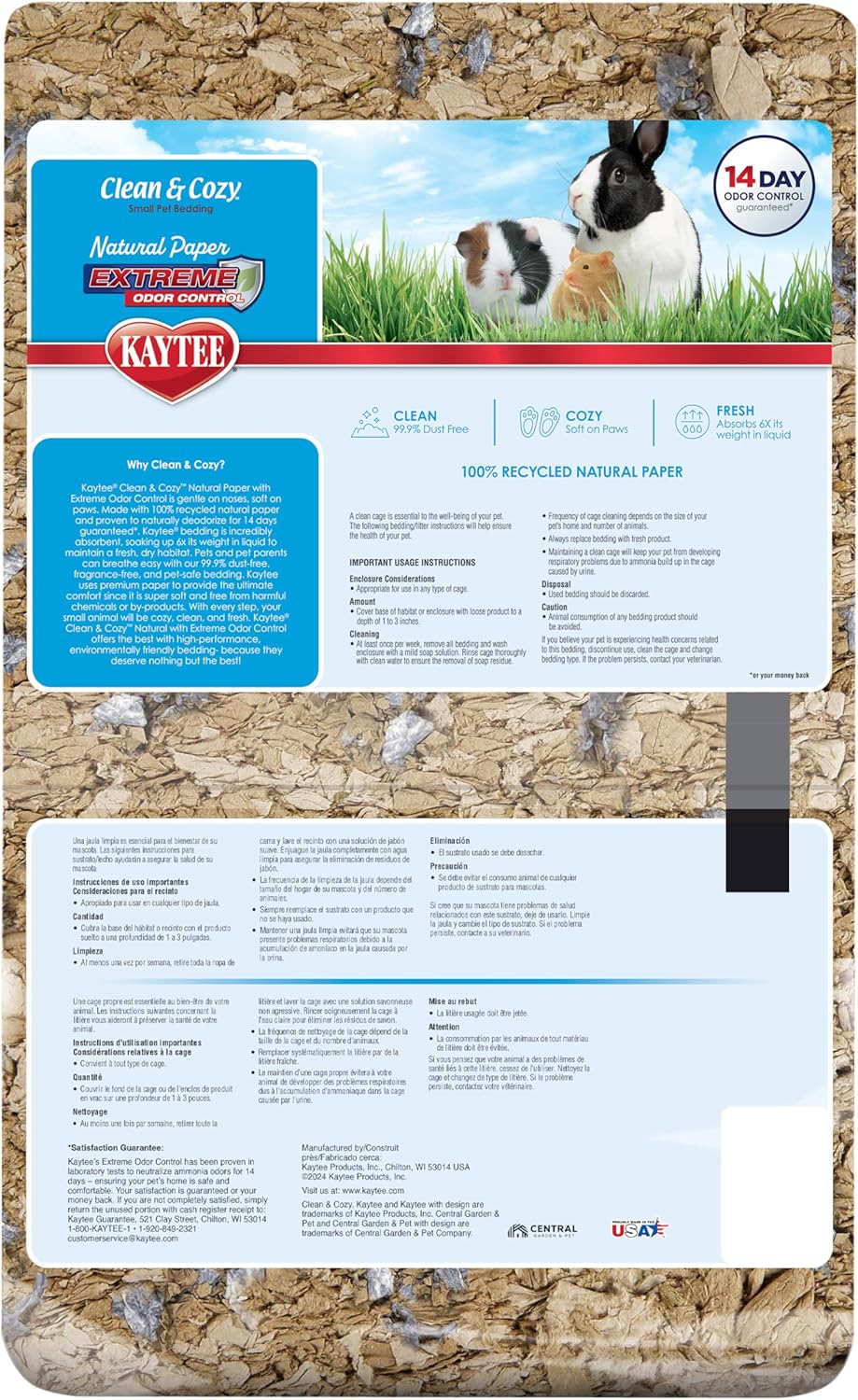 Kaytee Clean & Cozy Natural Paper with Extreme Odor Control Bedding, Made with 100% Recycled Paper