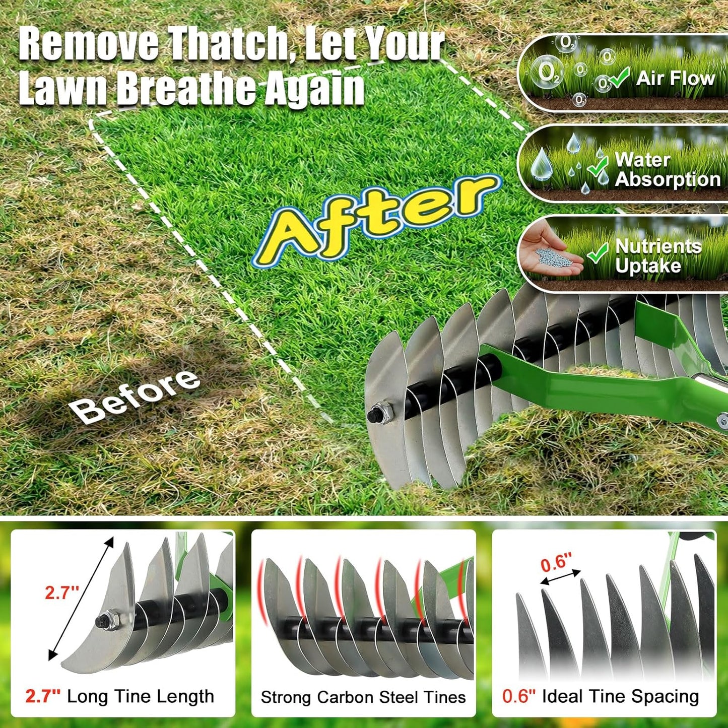 Thatch Rake for Lawn Care - 2-in-1 Manual Lawn Dethatcher & Scarifier Rake for Dead Grass,Moss Removal,Heavy Duty Thatching Dethatching Tool, 50'' Metal Adjustable Handle for Garden Yard Lawn