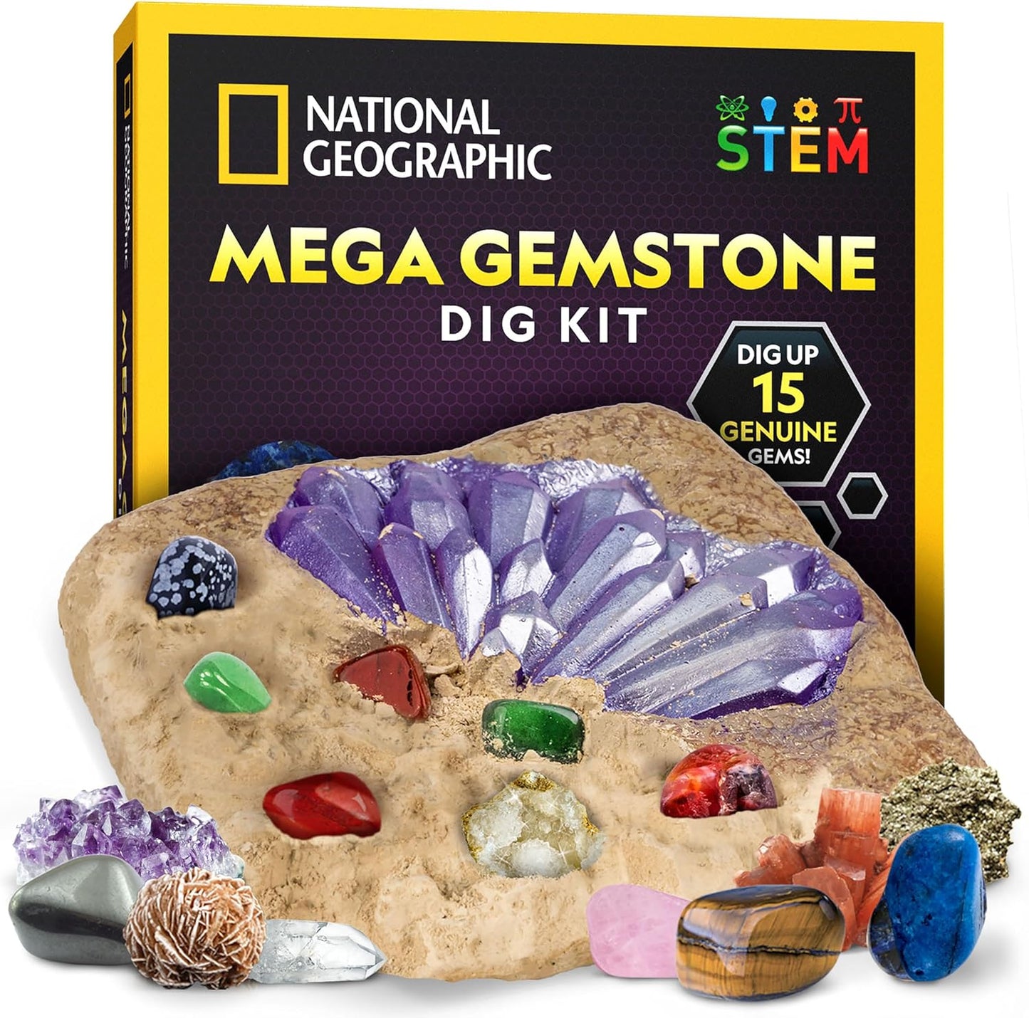 NATIONAL GEOGRAPHIC Mega Gemstone Dig Kit – Dig Up 15 Real Gemstones and Crystals, Science Kit for Kids, Gem Digging Kit, Gift for Girls and Boys, Mining Kit, Rock Collection