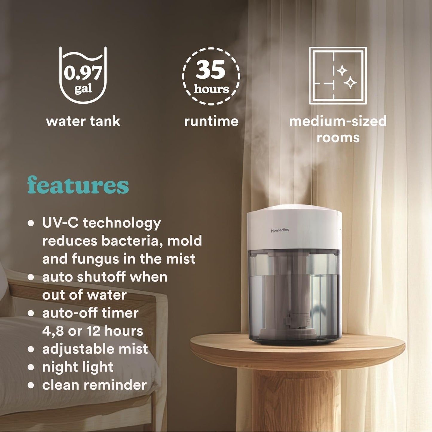 HoMedics Humidifiers for Bedroom, Home, Nursery, Office and Plants. Total Comfort UV-C Ultrasonic Humidifier, Leak Resistant Design, 0.97 Gallon Tank, 35 Hour Run Time, Quiet, Cool Mist, Night Light