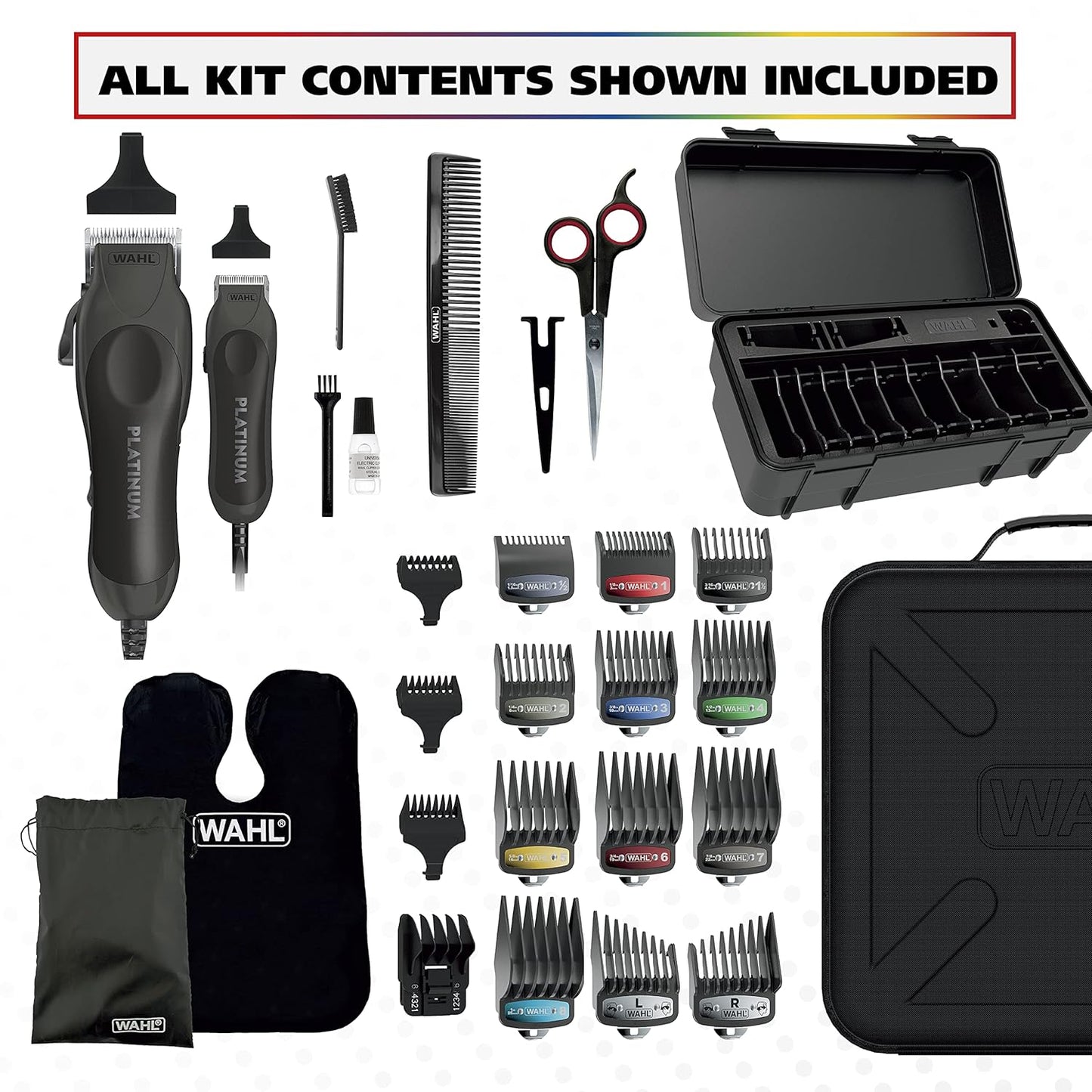 Wahl USA Pro Series Platinum Corded Clipper & Corded Trimmer for Home Haircutting with Color Coded Guide Combs – Model 79804-100