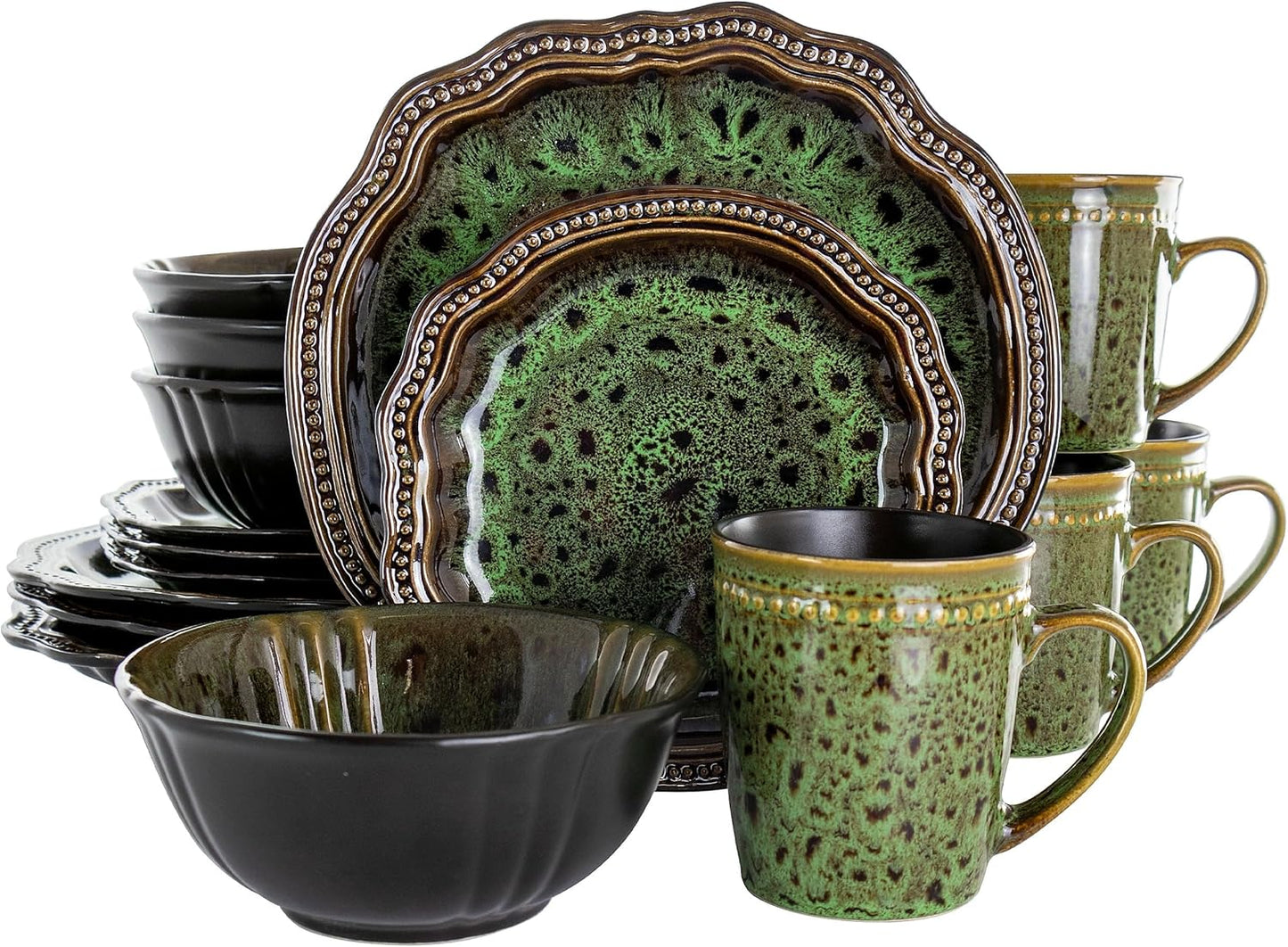 Elama Stoneware Round Oval Dinnerware Dish Set, Jade Green