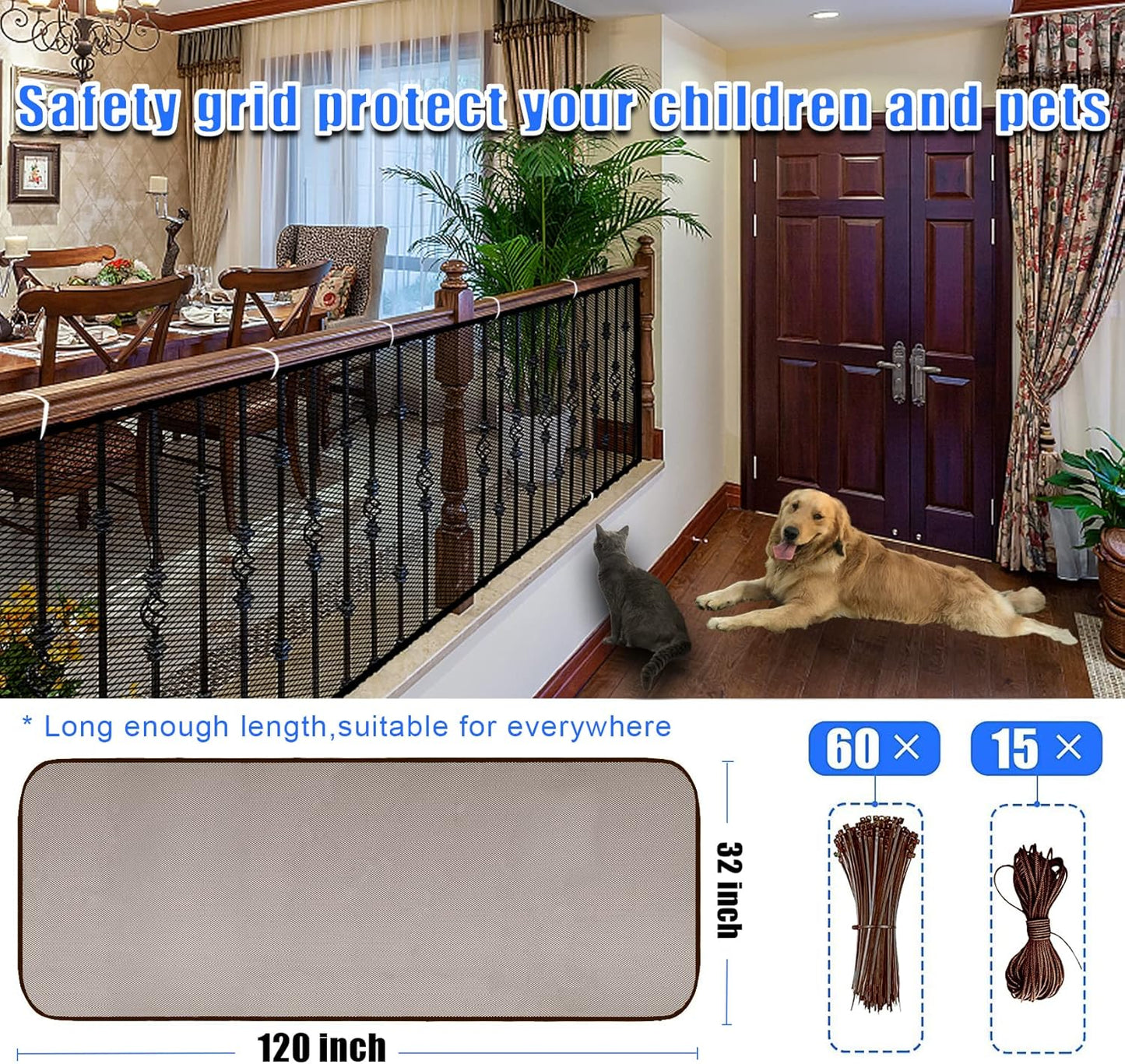 JIFTOK Baby Gate for Stairs, Banister Guard for Kids, Pets, Toys, 10ft L x 2.6 ft H, Mesh Netting Safety Net for Balcony Rail Stair, Stairway Net Baby Safety Products for Indoor & Outdoor (Brown)