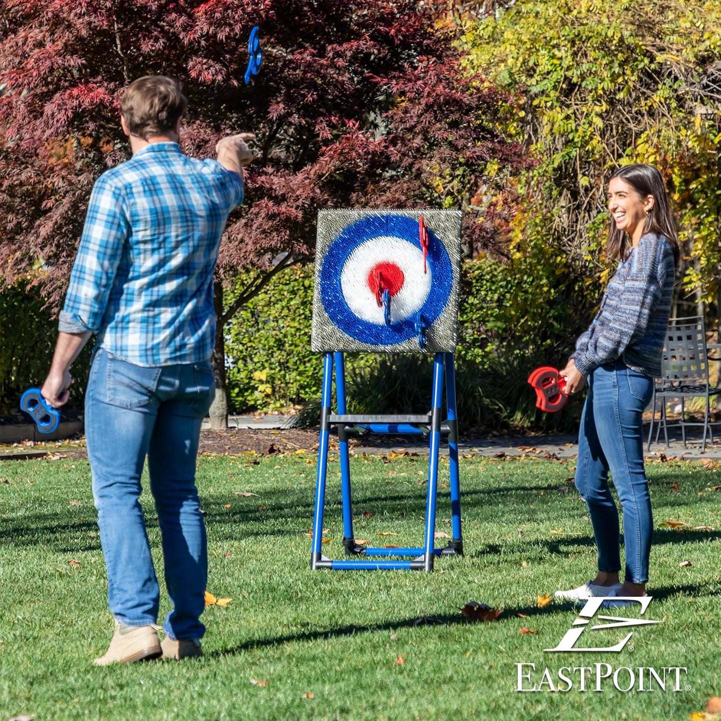 EastPoint Axe Throwing Game Set - 8 Foam & Plastic Throwing Axes - Heavy Duty Steel Frame - Over 5 Ft Tall - Folds Flat for Portable Outdoor Games - Unique Bristle Target for Yard Games