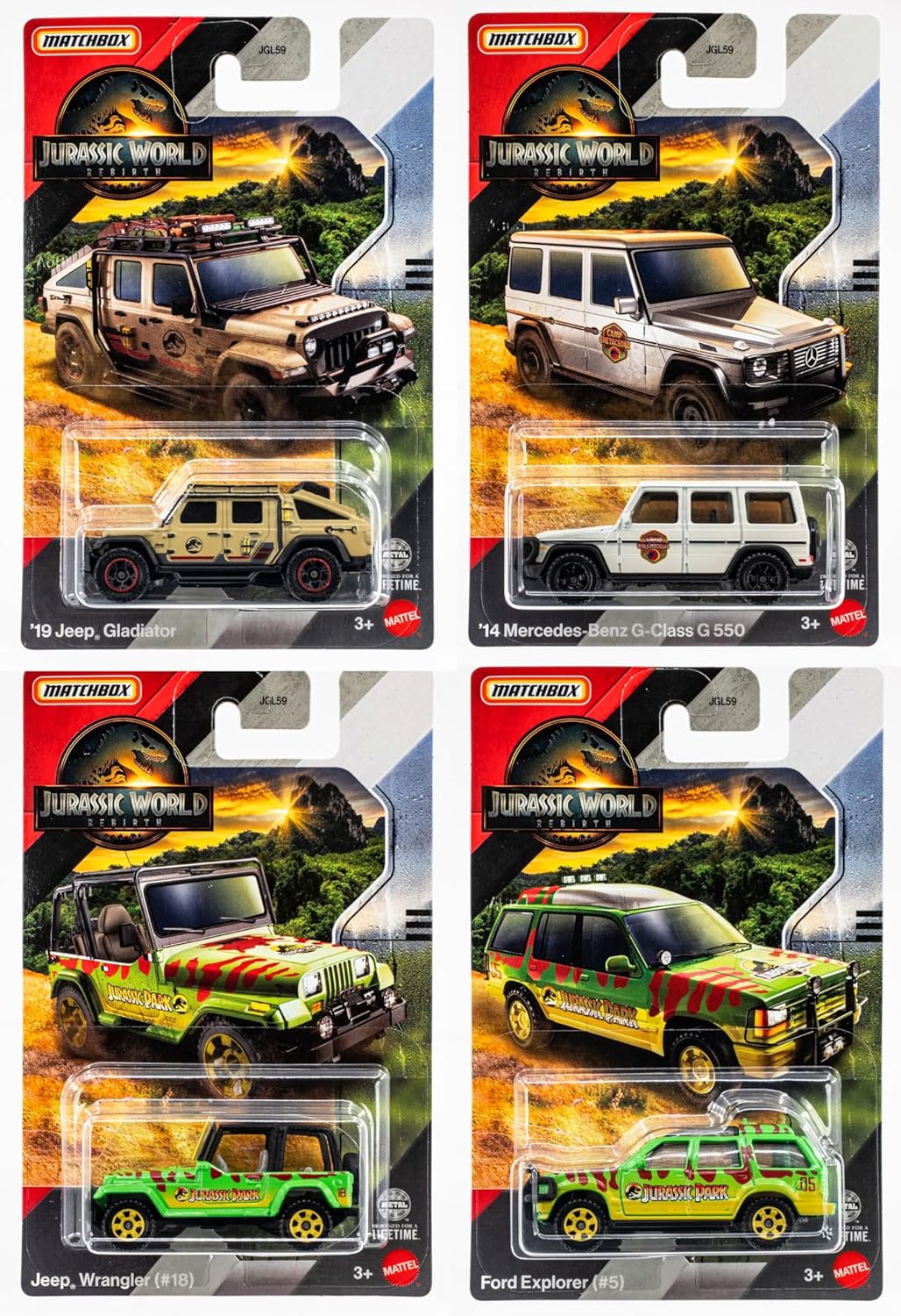 Jurassic World Matchbox Die-Cast Vehicle Set, '19 Jeep Gladiator, '14 Mercedes G350, Jeep Wrangler, Ford Explorer, 4 Pack, Ages 3+ JGL59-956A