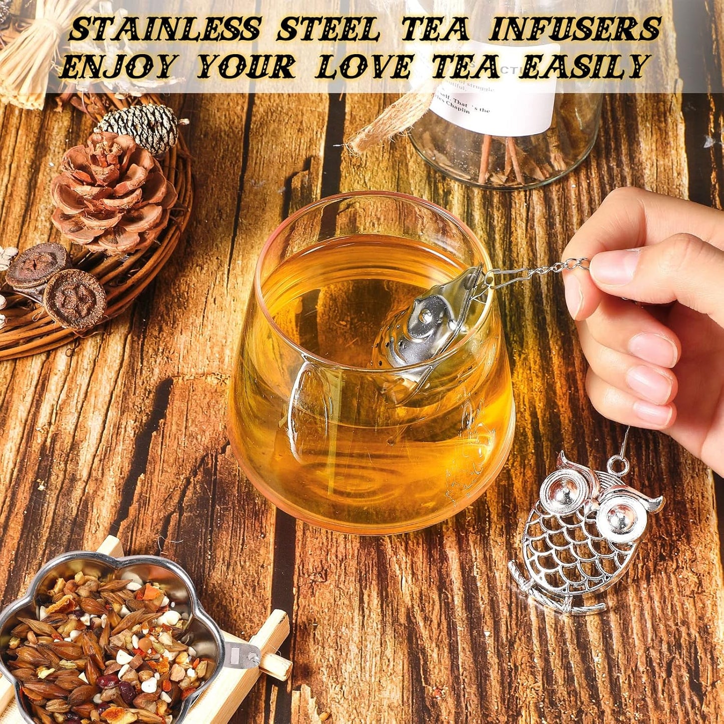 Cunhill 4 Sets Loose Tea Infusers Stainless Steel Teaballs Cute Tea Strainers Steeper Filters with Crystal Stone Pendants and Drip Tray Teacups Accessories(Funny Style)