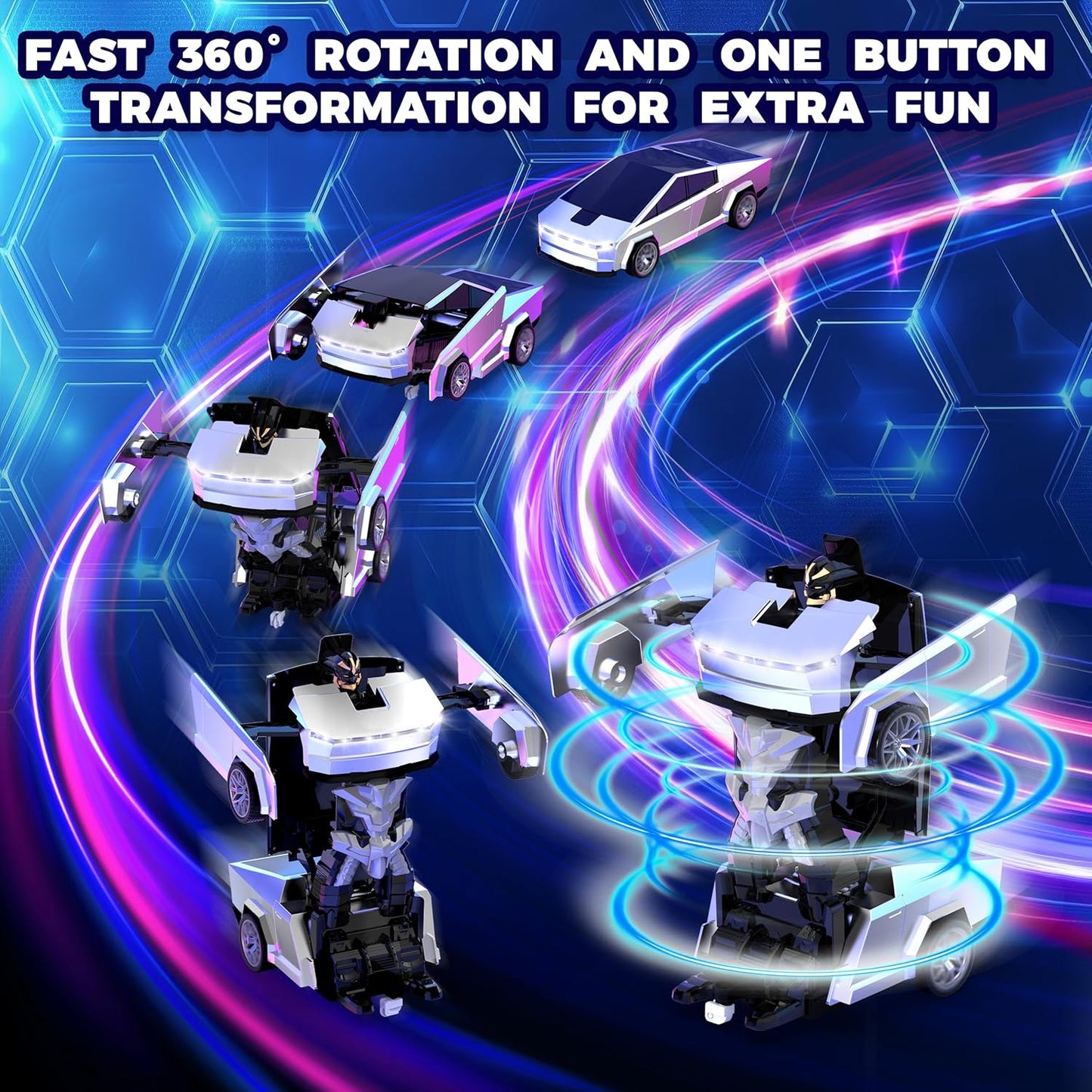 Transform RC Cyber Pickup Truck Cars Robot Toy for Kids, 2.4GHz Remote Control Car with One-Button Deformation 360° Rotation LED Lights Valentine's Day Birthday Gifts for Boys Age 4-7-8-12（1:18 Scale）