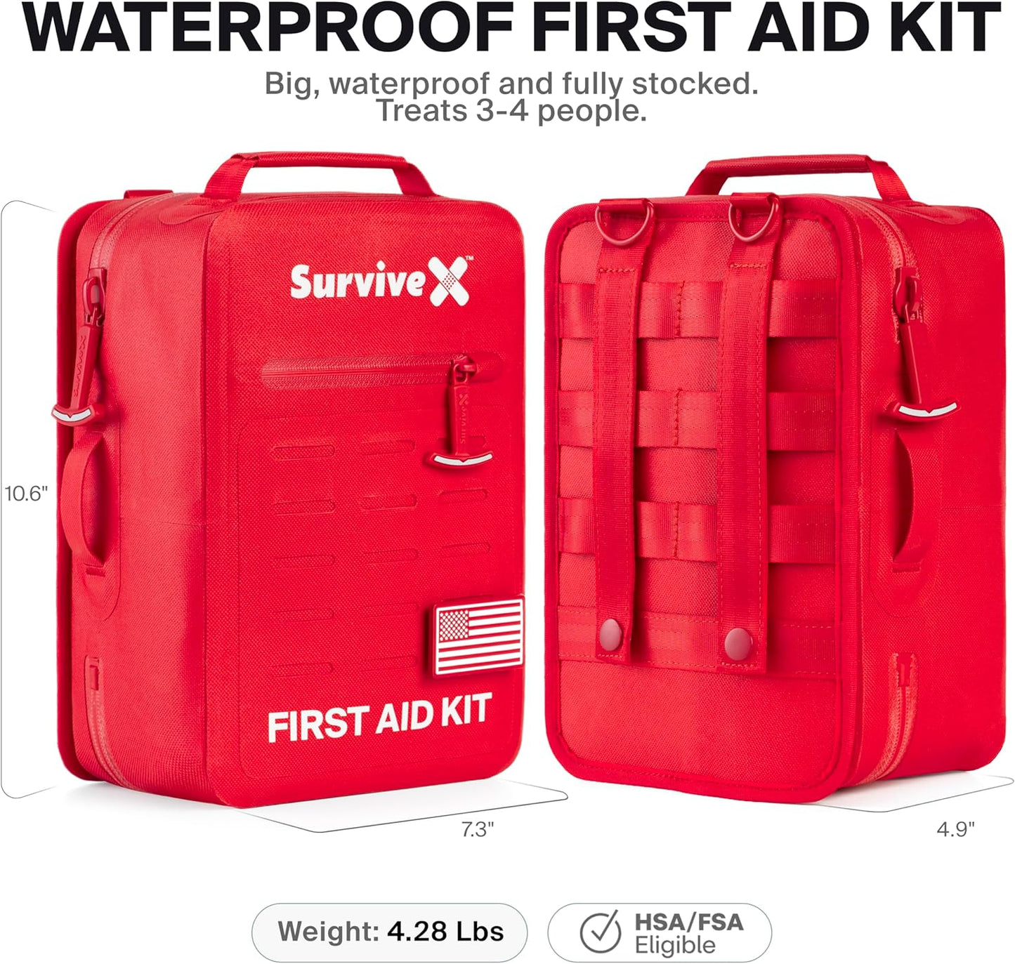 Large Waterproof First Aid Kit for Car, Travel & Home - Emergency Kit for Hiking, Camping, Backpacking and Outdoors - Includes Zip Stitch Wound Closure Strips
