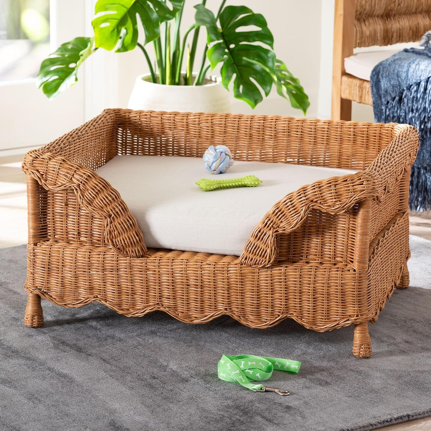 Bali & pari Papina Natural Rattan Pet Bed with Scalloped Sides - Handwoven Wicker Enclosed Lounge Bed for Dogs and Cats with Removable Cushion, 31.5"