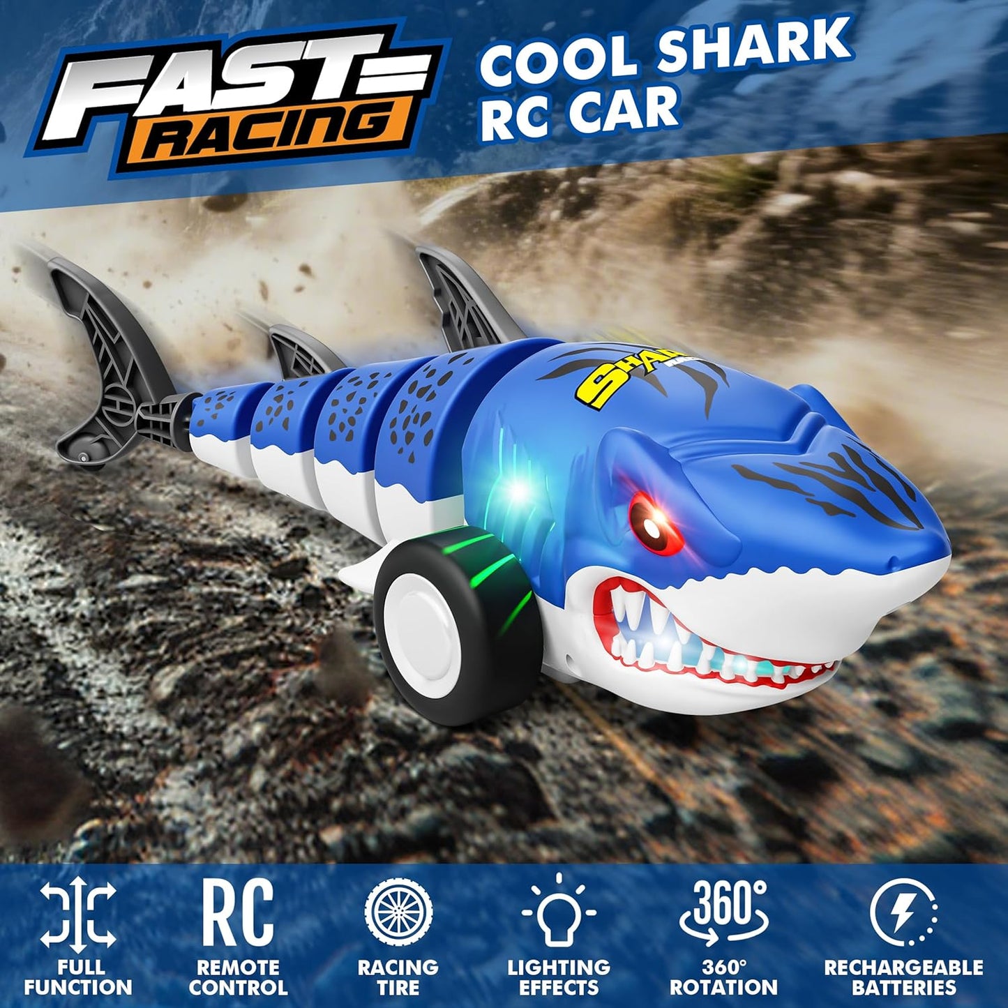 Remote Control Shark Car Toys for Kids,2.4GHz RC Cars Simulation Shark with Cool Light, 360° Stunt Drift & Most Terrains,Outdoor Toys for Birthday for 6,7,8,9,10-12 Boys Girls