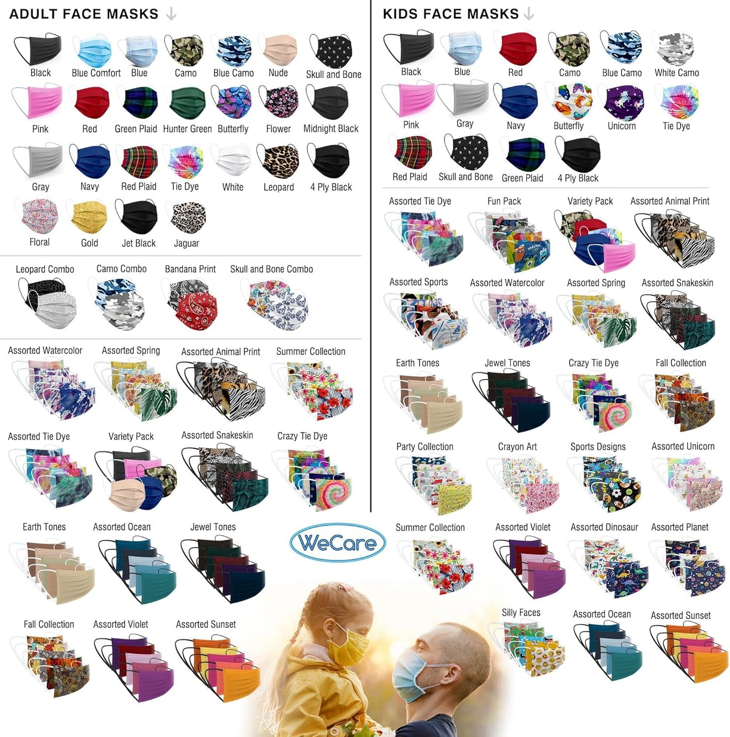 WECARE Disposable Face Mask Individually Wrapped - 50 Pack, Printed Masks - 3 Ply