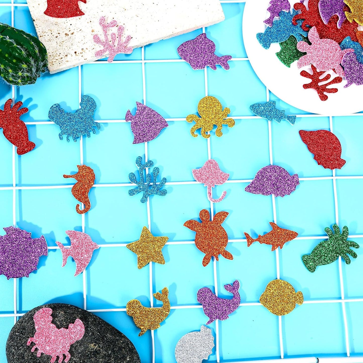 JULBEAR 300 Pieces Glitter Sea Animal Foam Stickers, Colorful Ocean Sea Fish Foam Stickers Bulk Self-Adhesive for Arts Crafts Ocean Theme Party Favors Decoration Home DIY Supplies
