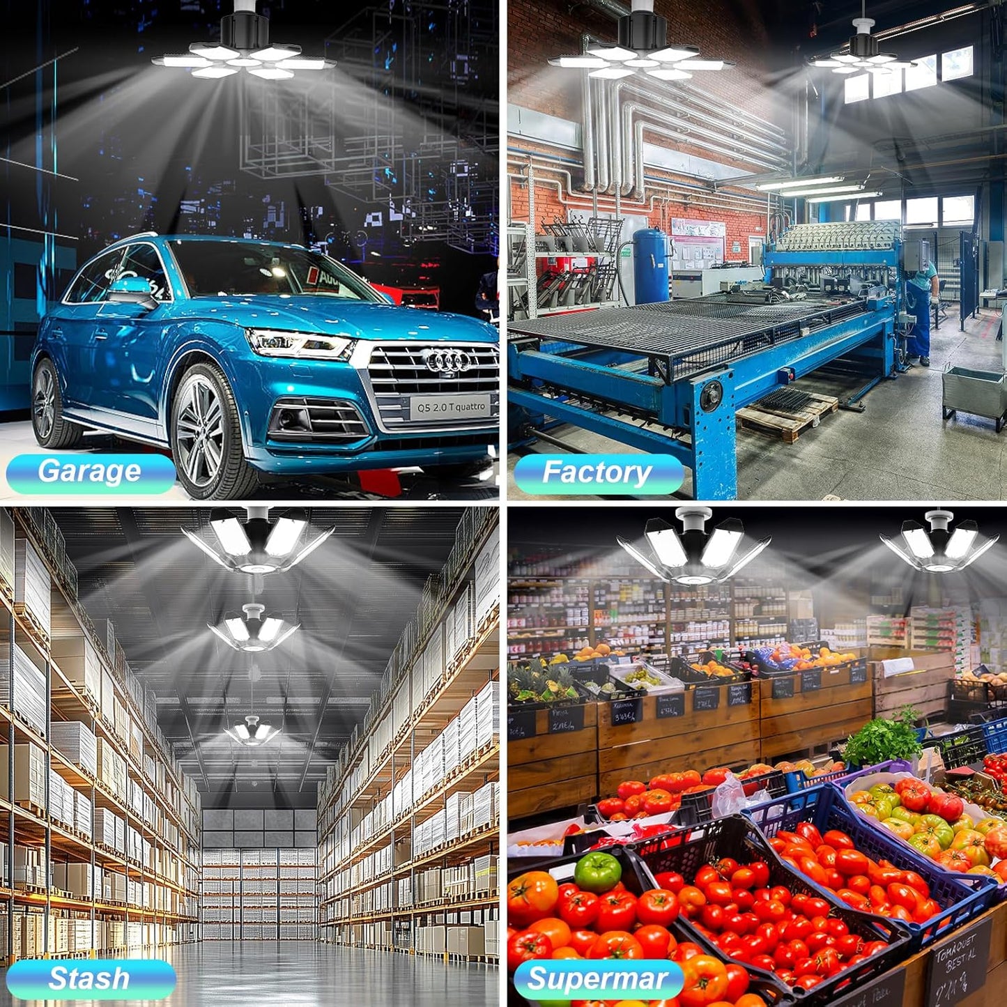 Led Garage Lights 8 Pack 200W Super Bright Ceiling Led Shop Lights, E26/E27 Base, 6500K, 22000LM Deformable Garage Light Ideal for Basement, Attic and Workshop Commercial Bay Lighting