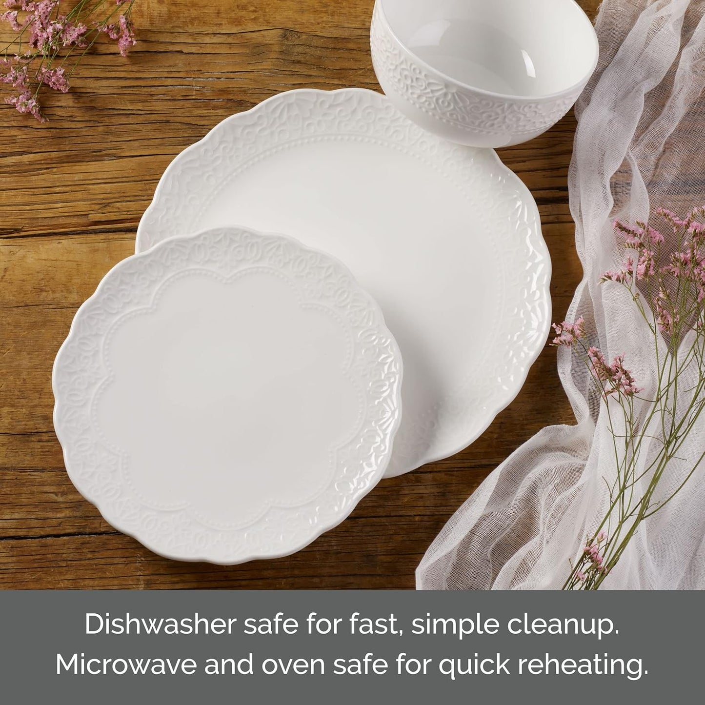 Mikasa Abigail Bone China Lightweight Chip Resistant 12 Piece Dinnerware Set, Service for 4, White