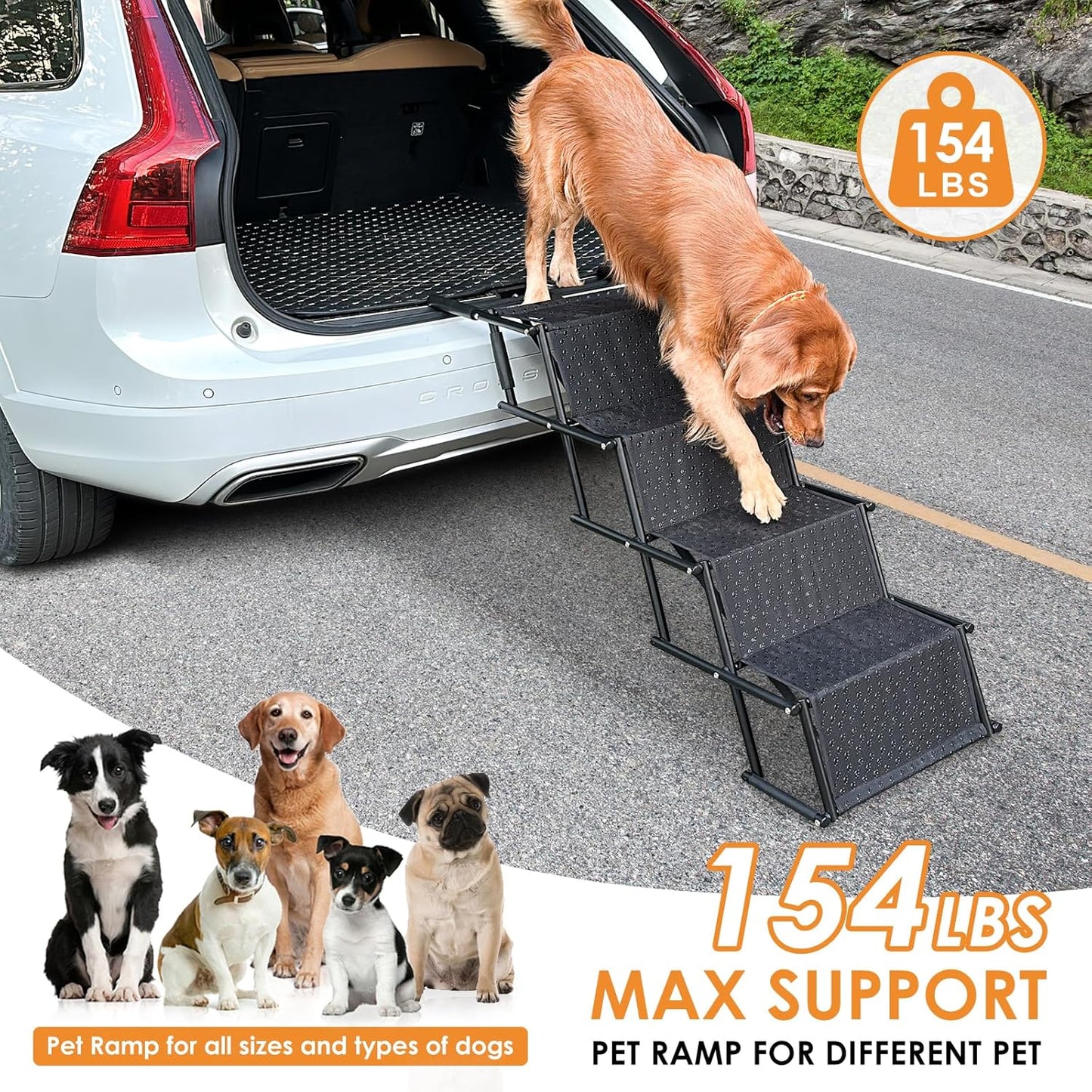 Portable Folding Pet Stair for Large Dog Ramp with Non-Slip Rug Surface, Lightweight Dog Ramps for Cars, SUVs, High Beds and Trucks, Pet Steps for Large Dogs,