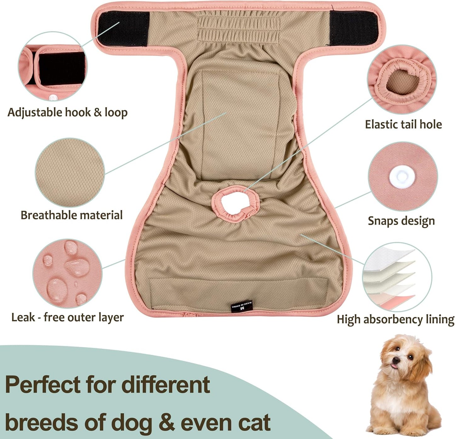 Washable Female Dog Diapers - Premium Reusable Diapers for Doggie in Heat - Highly Absorbent Dog Diapers Female for Pet Incontinence with Adjustable Snaps (Pink, M)